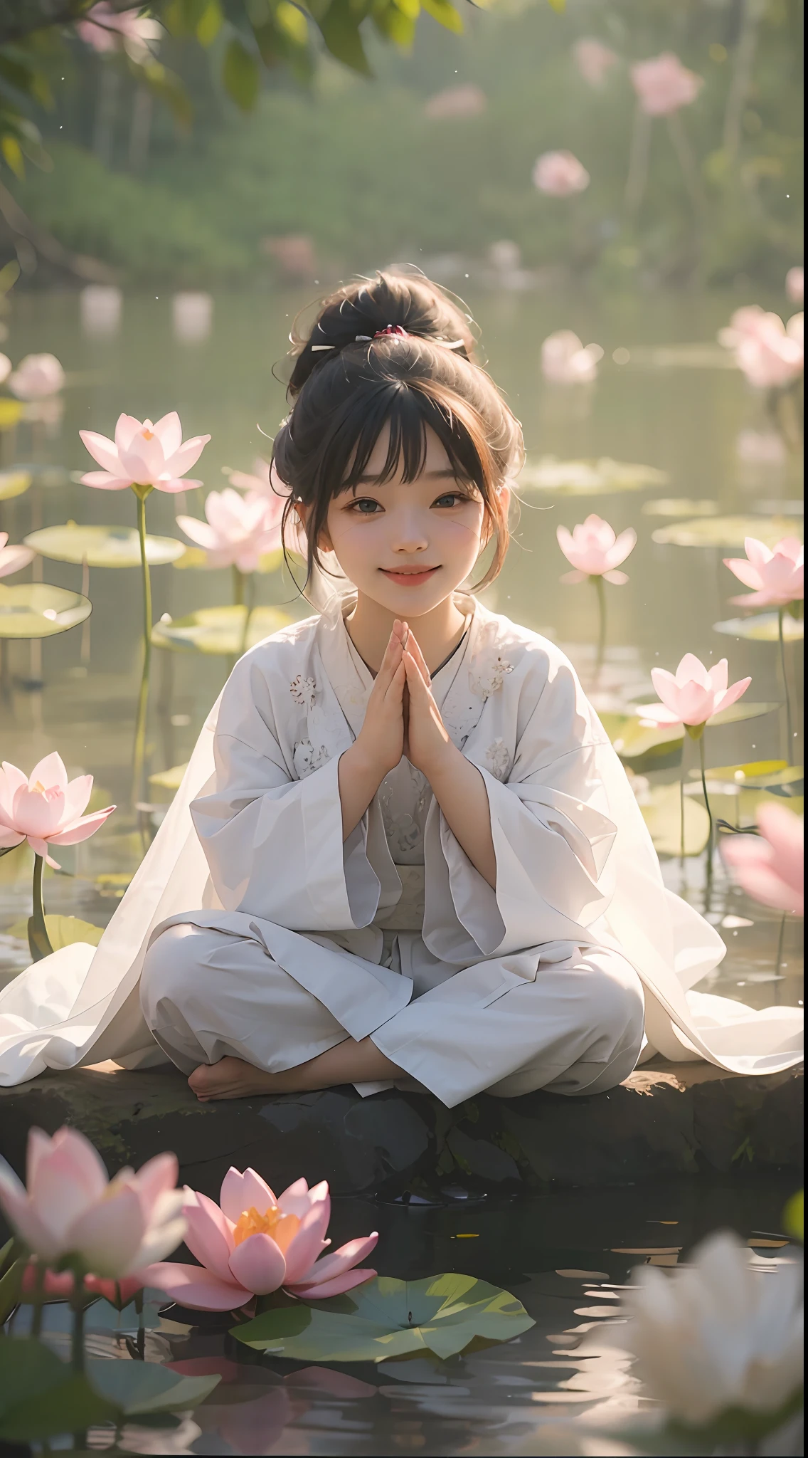 a 3-year-old a，Wearing a white monk's robe，Chubby little face，Big round eyes，A  High Bridge of nose，With a smile，had his hands folded，Sit cross-legged。Lotus pattern on background。k hd