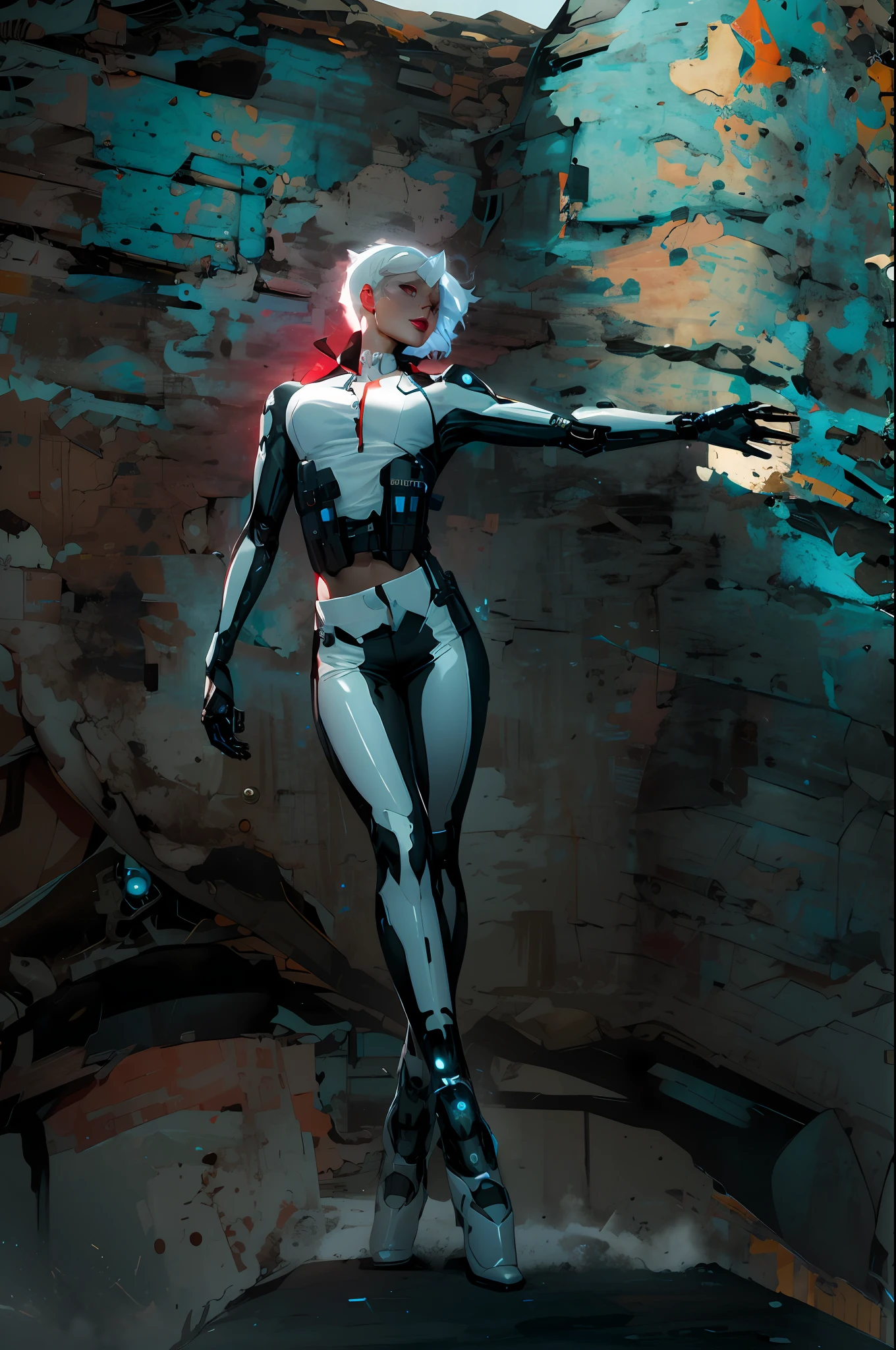 cowboy shot of futuristic detective lady, cybernetic jaw, short white hair, glowing eyes, red lips, white shirt, unbuttoned, black pants, vest, holster, mechanical parts, prosthetic arm,