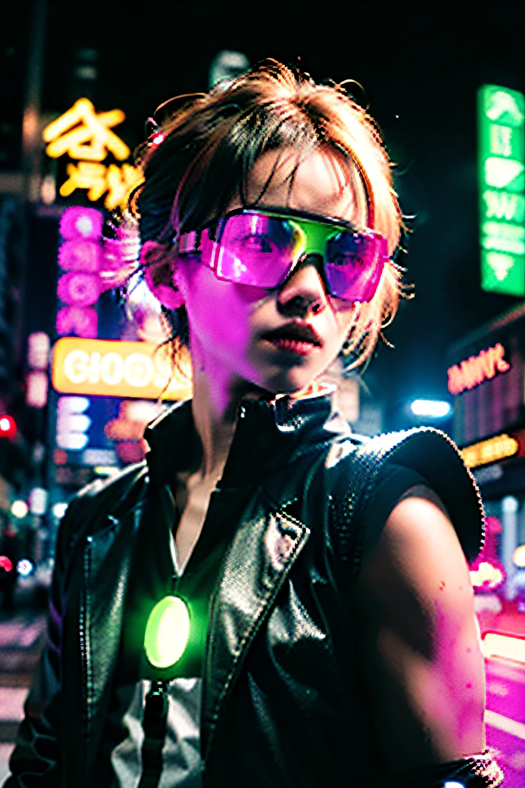 An award winning master piece photo of a cyborg man with psychedelic colors standing in a city street at night in the rain, wearing neon-colored glowing goggles, 8k, (high quality:1.1), (cinematic feeling:1.1), dark deep shadows, incredibly intricate detailing, art , (up close:1.1), from above, looking at viewer, (light sparkles:1.1), (chromatic aberration,:1.2) background with floating light artifacts