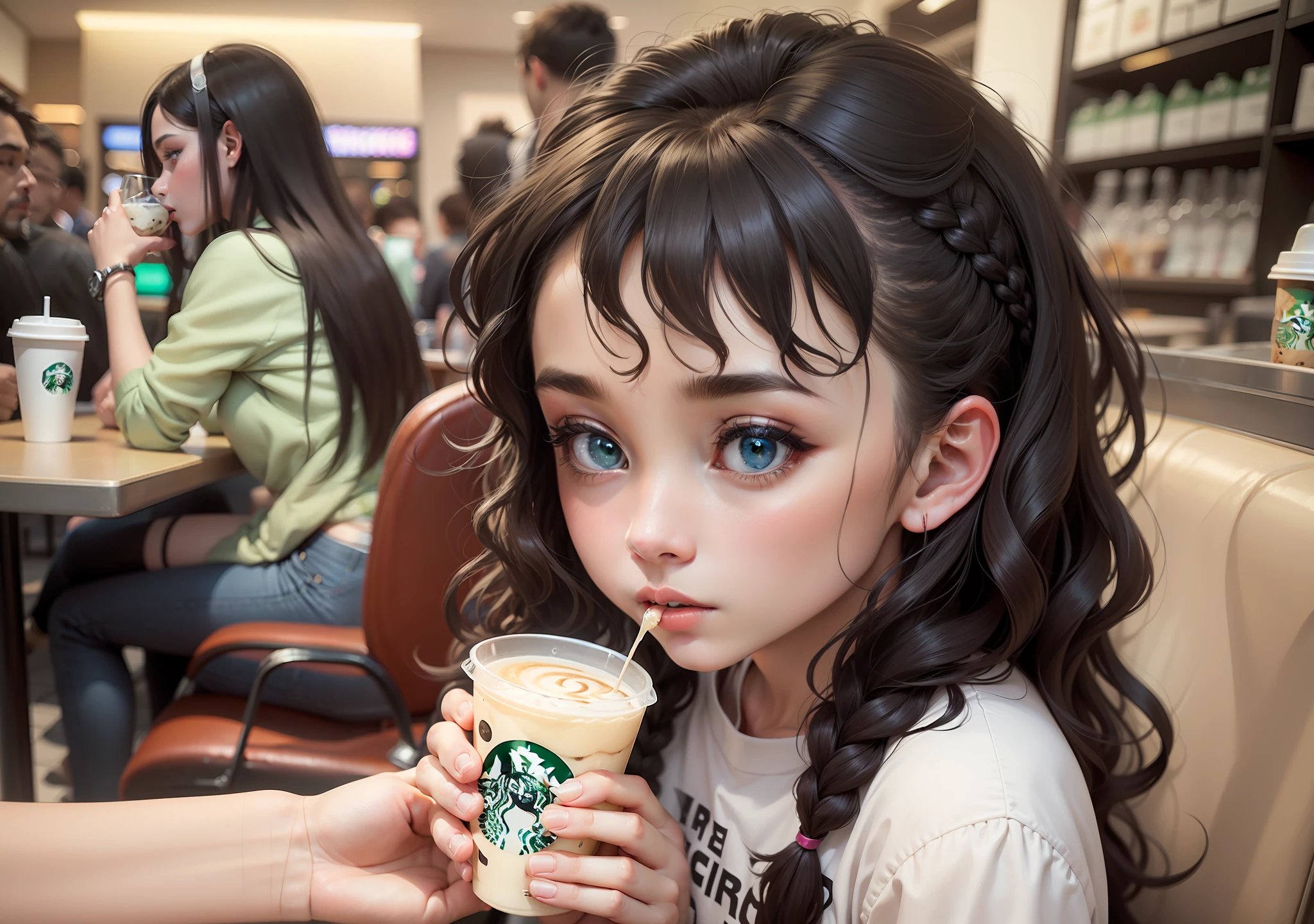 A girl in built-in braid with green eyes, thin nose with a black sweatshirt and jeans with white and black sneakers, white skin, face the mall holding a glass of Starbucks, she is with her daughter who was sitting at the table she is small with curly hair and black, the hair is long with a long dress, light brown, she has white skin, blue eyes and was eating a snack and was using a cell phone