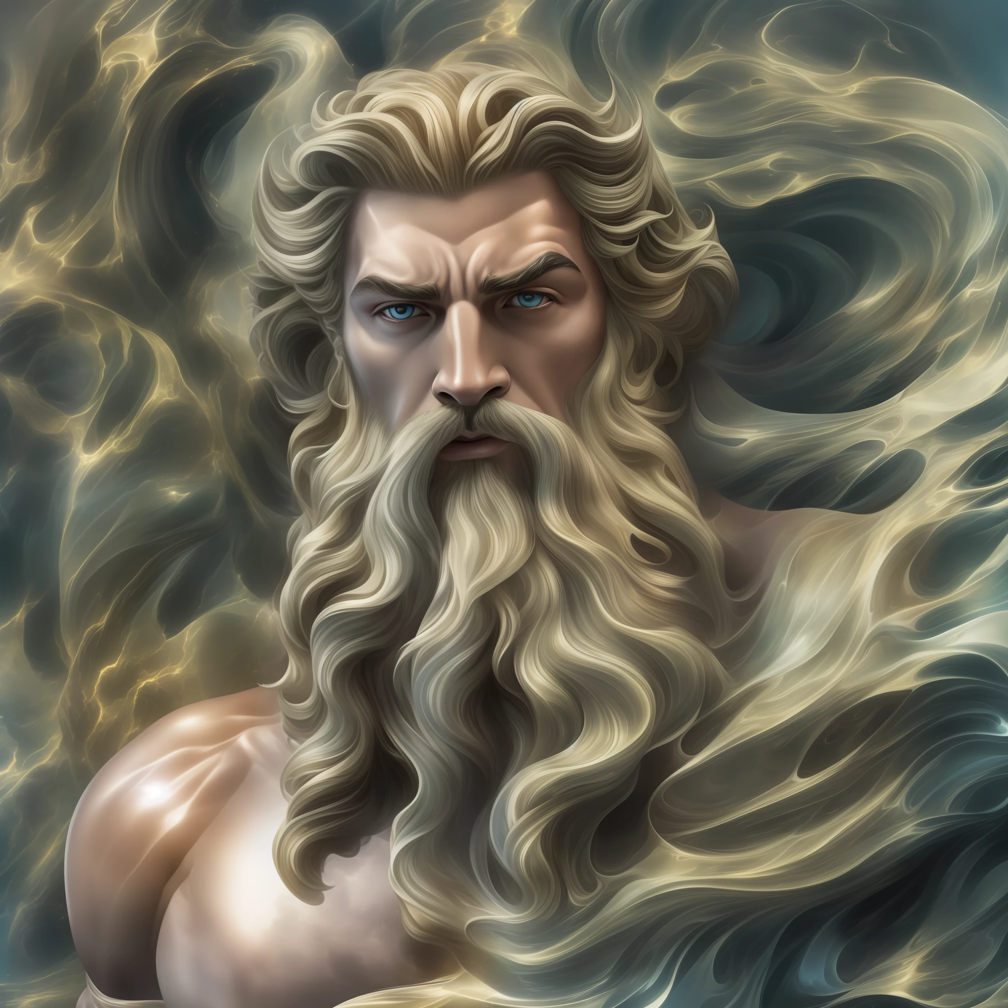 poseidon el poderoso dios del mar, fuerte, musculoso, perfecto, con barba, ((tridente de poseidon en sus manos)) tridente dorado con 5 puntas afiladas, tridente hiper realista brillante, ((tridente con forma del logo de maserati)) como simbolo de poder