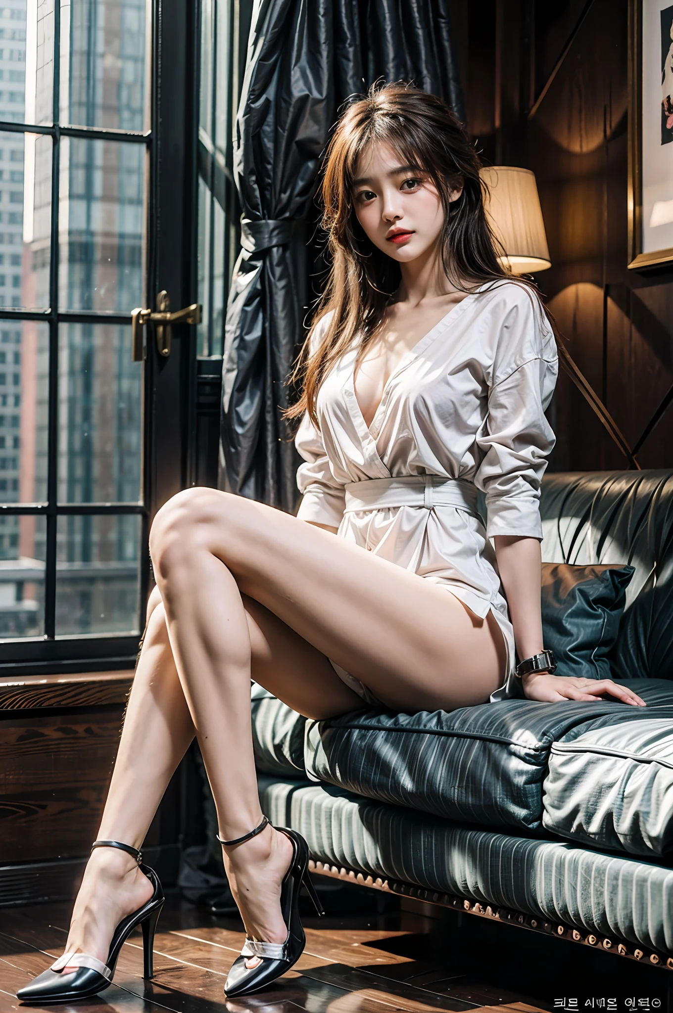 Arad woman sitting on sofa in high heels and white shirt，Korean girls，sexy style，gorgeous young korean woman，Korean female fashion model，beautiful Korean women，Elegant and seductive posture，Sexy girl，with sexy look，photo of slim girl model，korean woman，a sexy pose，Beautiful young Korean woman，smooth white tight clothes suit，very sexy outfit，The legs are smooth and unwrinkled，Wearing black stockings