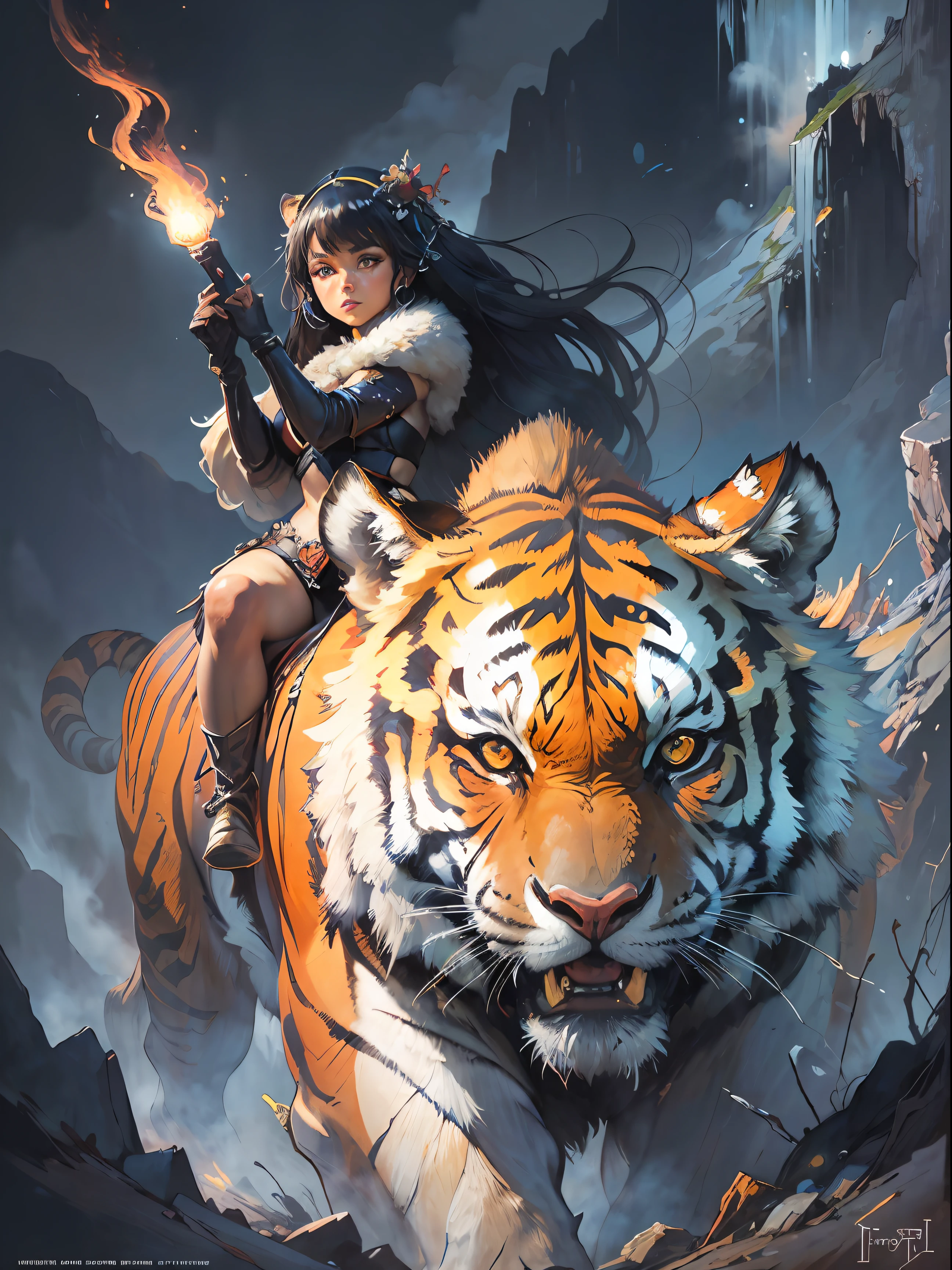 (Masterpiece), (Best quality), (Ultra detailed), (Cinematic lighting), (illustration), Frazetta, (a woman on a mountain), one tiger,Anime style domineering