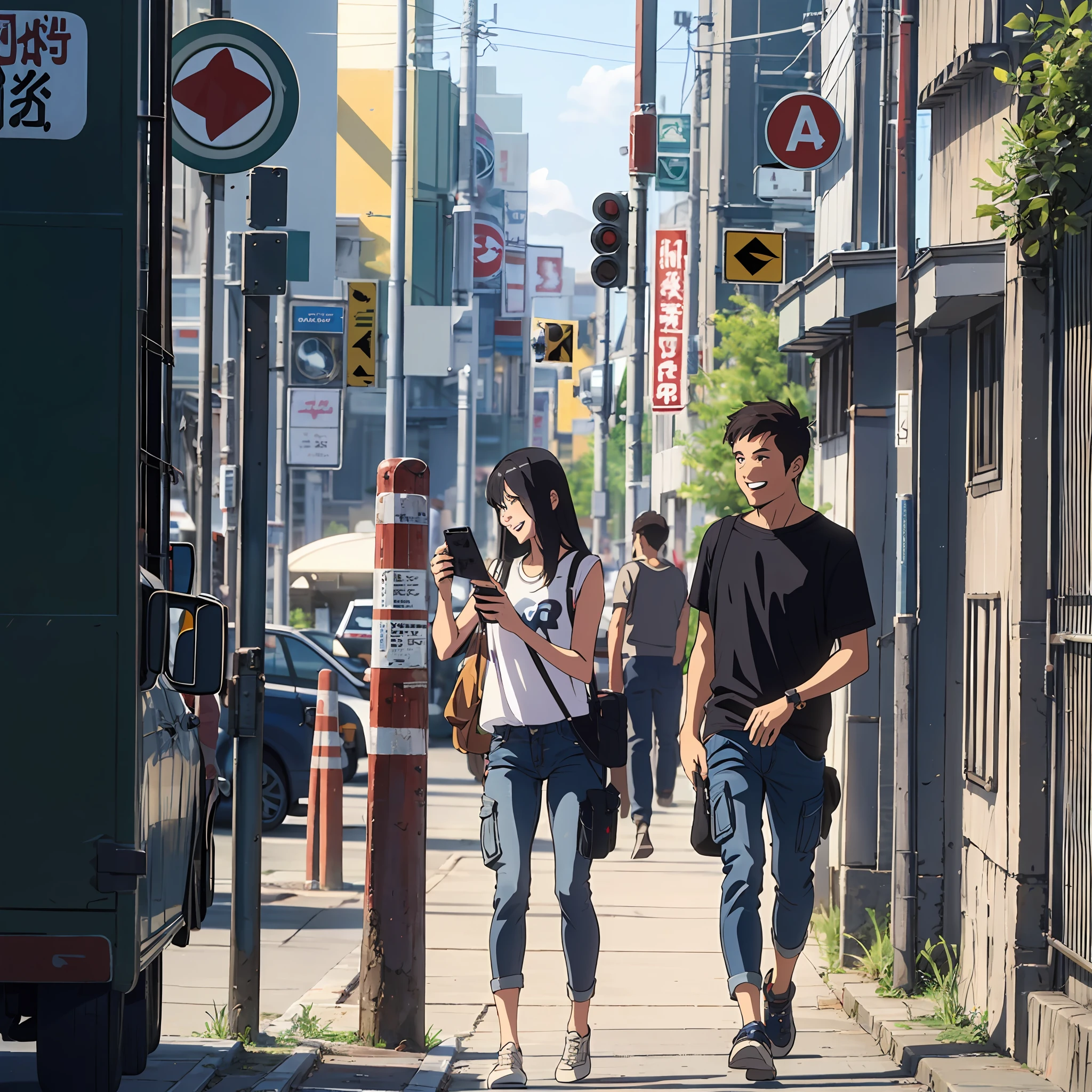 Anime, background Side of the road , boy  who is wearing short blue T-shirt, and black cargo pants, tall height girl who is wearing black sexy shirt with blue jeans. They smile and they are taking picture of their faces --auto