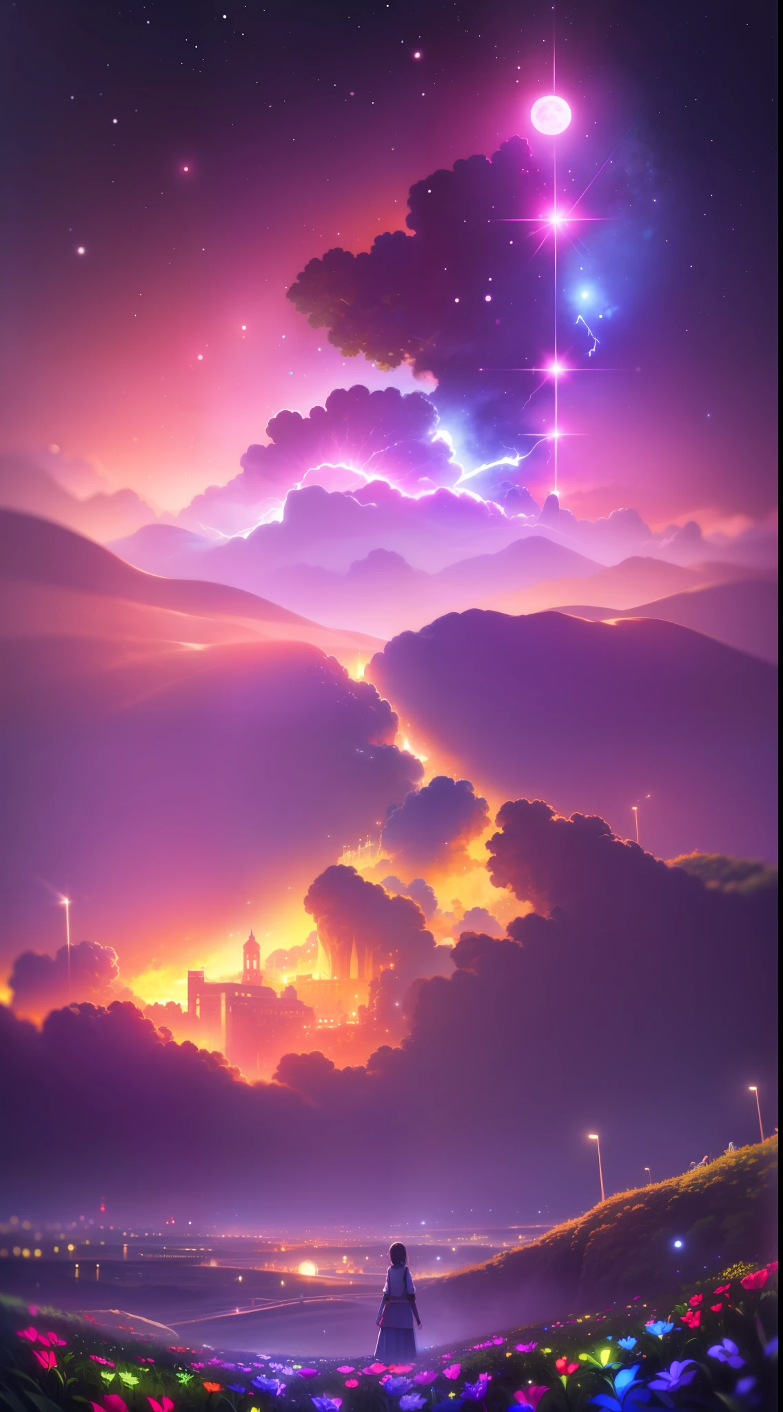 Vast landscape photos、(The sky is up as seen from below、The field is down)、Girl standing in a flower garden and looking up、(fullmoon:1.2)、(meteors:0.9)、(nebulas:1.3)、mountain in the distance々、The tree々 BREAK Craft Art、(Warm light:1.2)、(fireflys:1.2)、A light、lightning bolt、Lots of Purples and Oranges、intricate detailes、voluminous lighting、Realism Break(master piece: 1.2), (Top image quality), 8K, The ultra-detailliert, (dynamic compositions: 1.4), ighly detailed, Colorful Detail, (Rainbow Color: 1.2), (Glow lighting, Atmosphere Lighting), dream-like, Magical, (独奏: 1.2)