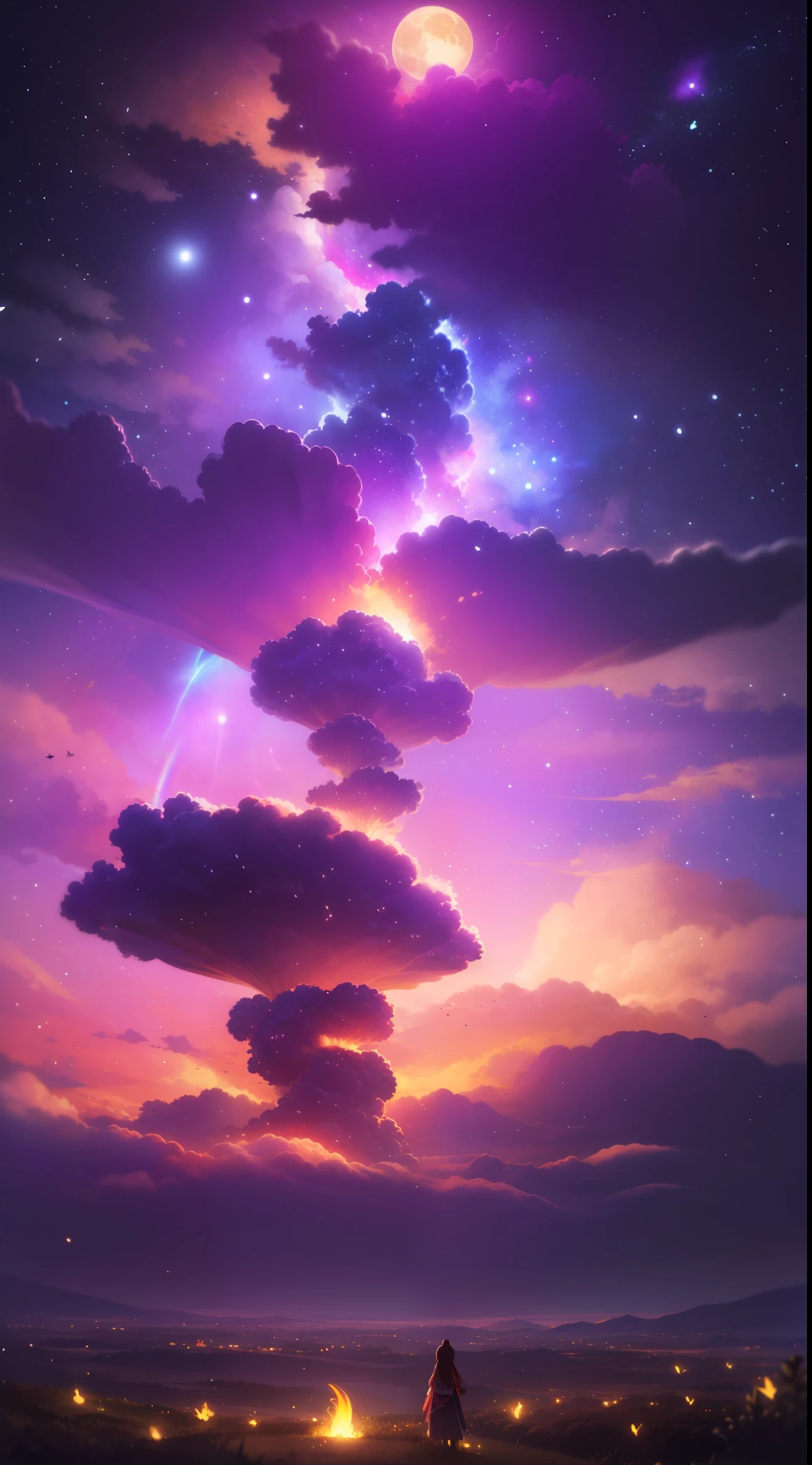 Vast landscape photos、(The sky is up as seen from below、The field is down)、Girl standing in a flower garden and looking up、(fullmoon:1.2)、(meteors:0.9)、(nebulas:1.3)、mountain in the distance々、The tree々 BREAK Craft Art、(Warm light:1.2)、(fireflys:1.2)、A light、lightning bolt、Lots of Purples and Oranges、intricate detailes、voluminous lighting、Realism Break(master piece: 1.2), (Top image quality), 8K, The ultra-detailliert, (dynamic compositions: 1.4), ighly detailed, Colorful Detail, (Rainbow Color: 1.2), (Glow lighting, Atmosphere Lighting), dream-like, Magical, (独奏: 1.2)