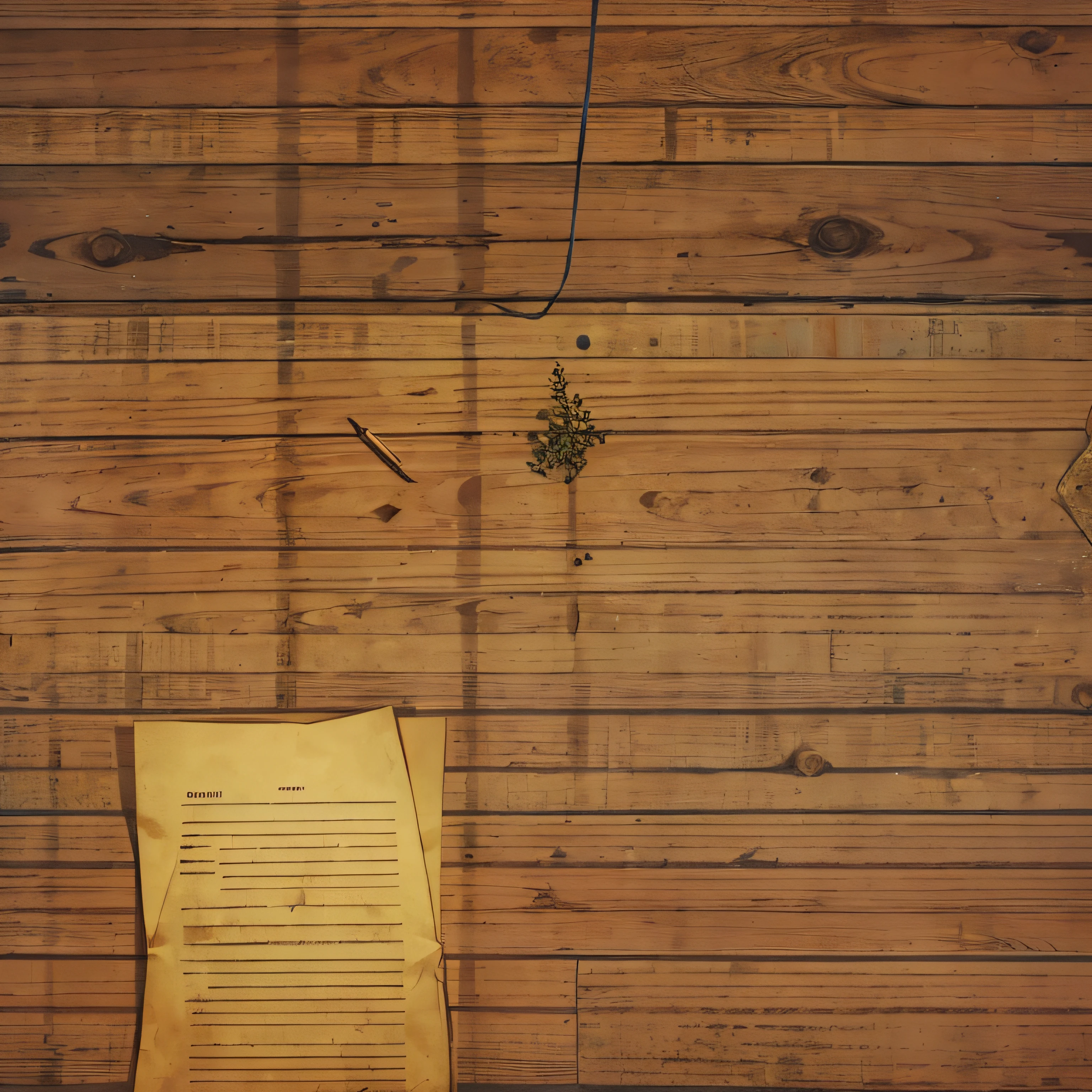 an old yellow paper on a wooden table, low light, midnight