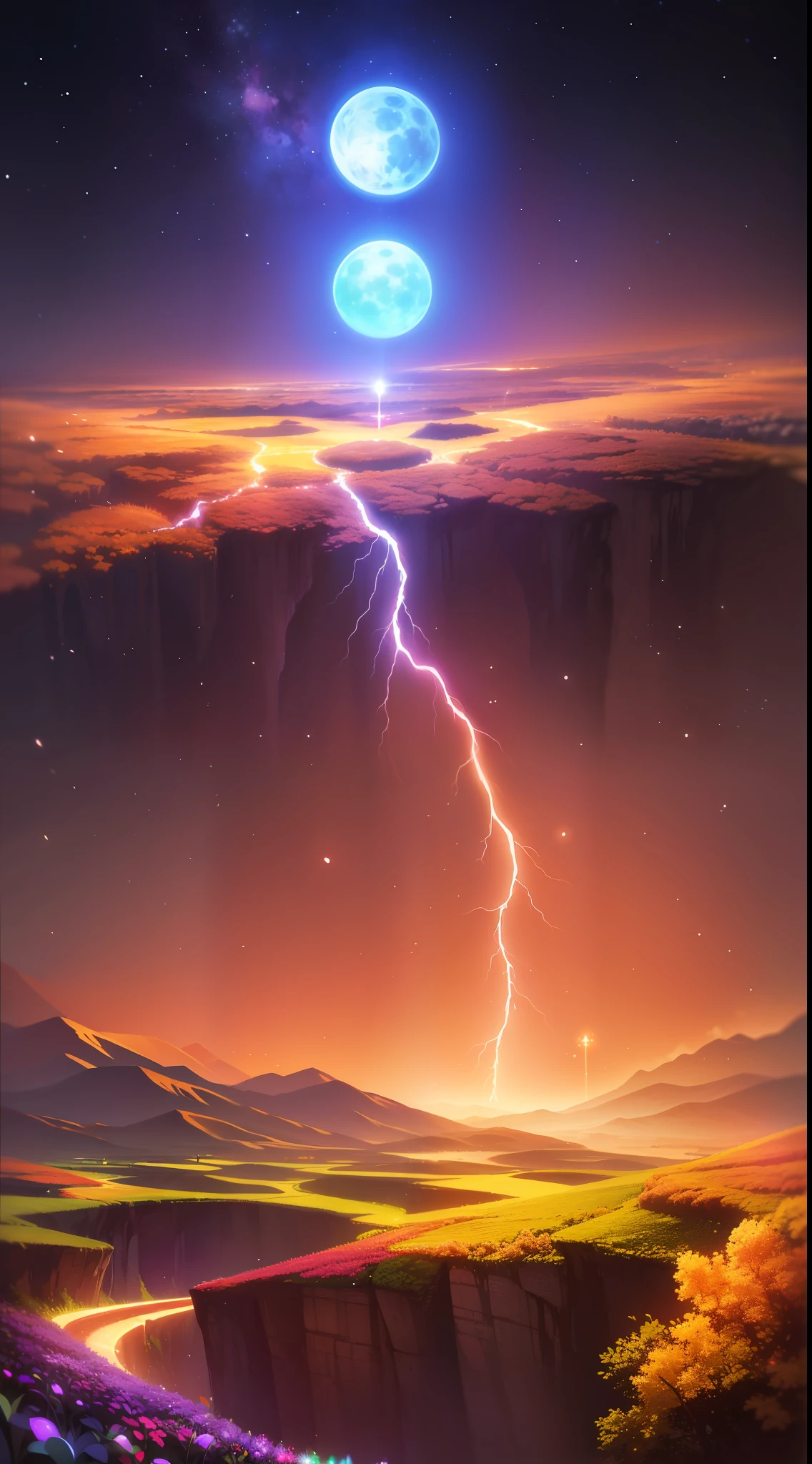 Vast landscape photos、(The sky is up as seen from below、The field is down)、Girl standing in a flower garden and looking up、(fullmoon:1.2)、(meteors:0.9)、(nebulas:1.3)、mountain in the distance々、The tree々 BREAK Craft Art、(Warm light:1.2)、(fireflys:1.2)、A light、lightning bolt、Lots of Purples and Oranges、intricate detailes、voluminous lighting、Realism Break(master piece: 1.2), (Top image quality), 8K, The ultra-detailliert, (dynamic compositions: 1.4), ighly detailed, Colorful Detail, (Rainbow Color: 1.2), (Glow lighting, Atmosphere Lighting), dream-like, Magical, (独奏: 1.2)