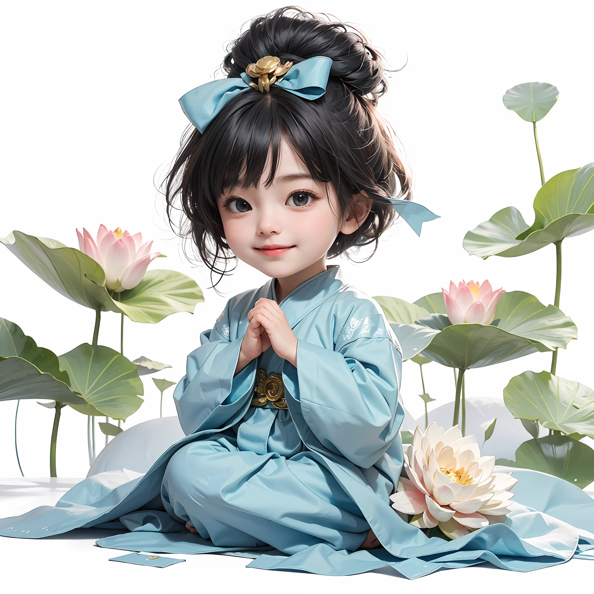 a 3-year-old a,Wearing a white monk's robe,Chubby little face,Big round eyes,A High Bridge of nose,With a smile,had his hands folded,Sit cross-legged。Lotus pattern on background。k hd