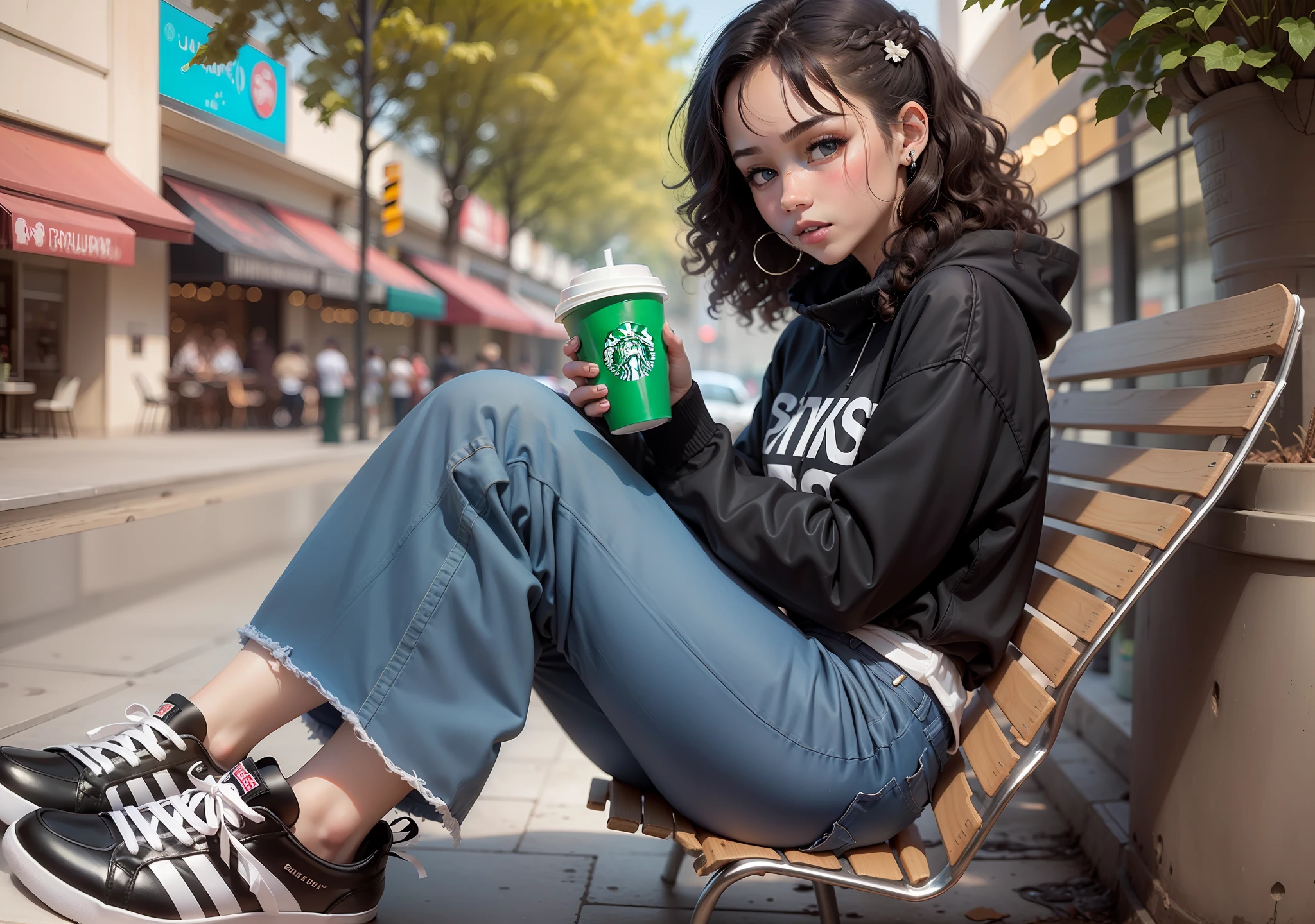 A girl in built-in braid with green eyes, thin nose with a black sweatshirt and jeans with white and black sneakers, white skin, face the mall holding a glass of Starbucks, she is with her daughter who was sitting at the table she is small with curly hair and black, the hair is long with a long dress, light brown, she has white skin, blue eyes and was eating a snack and was using a cell phone