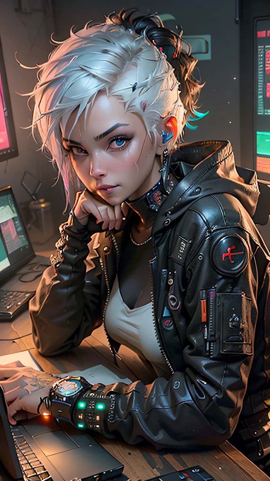 ((Best quality)), ((masterpiece)), (highly detailed:1.3), 3D, (cyberpunk:1.3) female hacker with tattoos, short white hair and dark eyes, smirking mischievously at the camera, operating a computer terminal, computer servers, LCD screens, fibre optic cables, corporate logos,HDR (High Dynamic Range),Ray Tracing,NVIDIA RTX,Super-Resolution,Unreal 5,Subsurface scattering,PBR Texturing,Post-processing,Anisotropic Filtering,Depth-of-field,Maximum clarity and sharpness,Multi-layered textures,Albedo and Specular maps,Surface shading,Accurate simulation of light-material interaction,Perfect proportions,Octane Render,Two-tone lighting,Low ISO,White balance,Rule of thirds,Wide aperature,8K RAW,Efficient Sub-Pixel,sub-pixel convolution,luminescent particles,