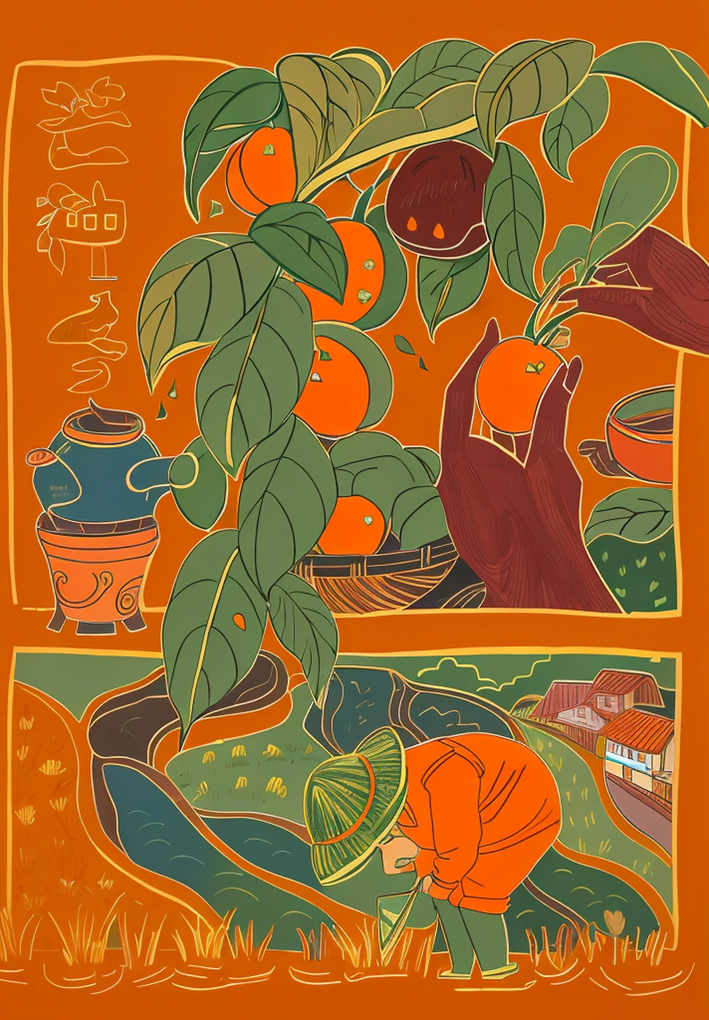 Above, a woman holding an orange，This is a farmer who grows seedlings, rich colours, Lots of colors，Distinguish between dark and bright sides