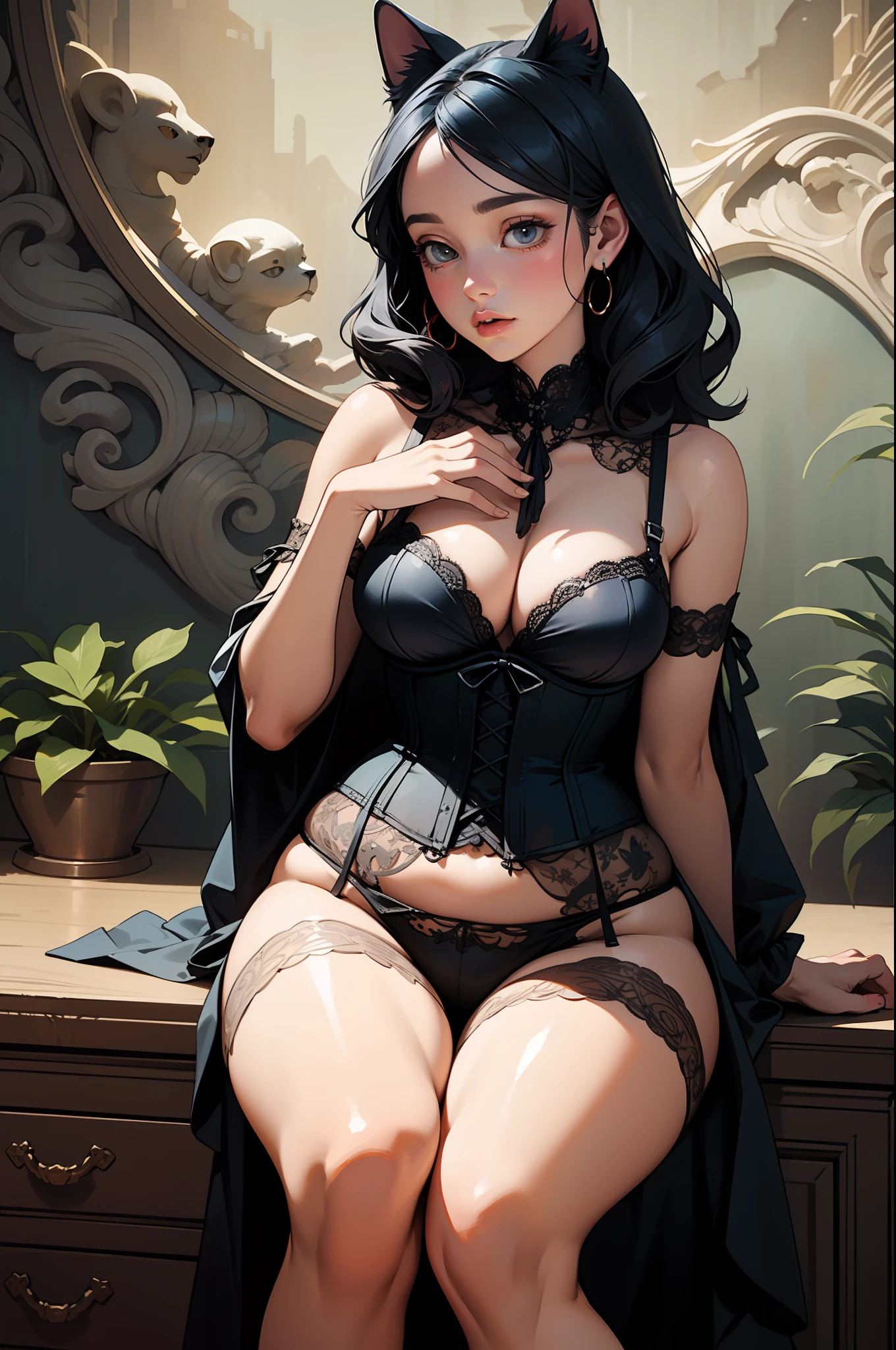 [Artwork of exceptional craftsmanship],(Detailed illustrations,Art based on extremely ideal anatomy,Very detailed and detailed drawing,Delicate lines with slow and rapid,(Realistic texture expression)),[Color tressed main line],[Strange bedroom background],[HENTAI ANIME] (Japanese Girl (Beautiful shape)  student [Luxury Girl] (cat ear ((plump)) (large chest with drooping,[wide areola]))),(Full body lingerie (Pure white corset) (Ribbon Ruffled Lace Fabric [lolita fashion])),[Realistic and glossy skin expression ([High humidity] (Soft body)),([sitting] [[boredom]] gravure),Transparency, soft ambient light,(Perfectly proportioned),(Fine and beautiful skin expression [realistic skin detail]),(Design built to the highest level,[Advanced structural understanding of materials],Ideal color coordination),(Intricate and beautiful decoration (Dense detail)),(More on shiny hair),[Perfect hand details],(Beautiful perfect face [Realistic face details]),[Clear gaze],[long and beautiful eyelashes],[Perfect eye details (Eyes beautifully drawn down to the smallest detail)],(detaileds,high-detail),((Precision Detail),[multi-layer texture],HighQuality,hight resolution),[Accurate simulation of light-material interactions,Understanding Airflow,Mechanically correct representation],[Visual art that conveys a sense of narrative] [Full body like],[[Desaturation]].