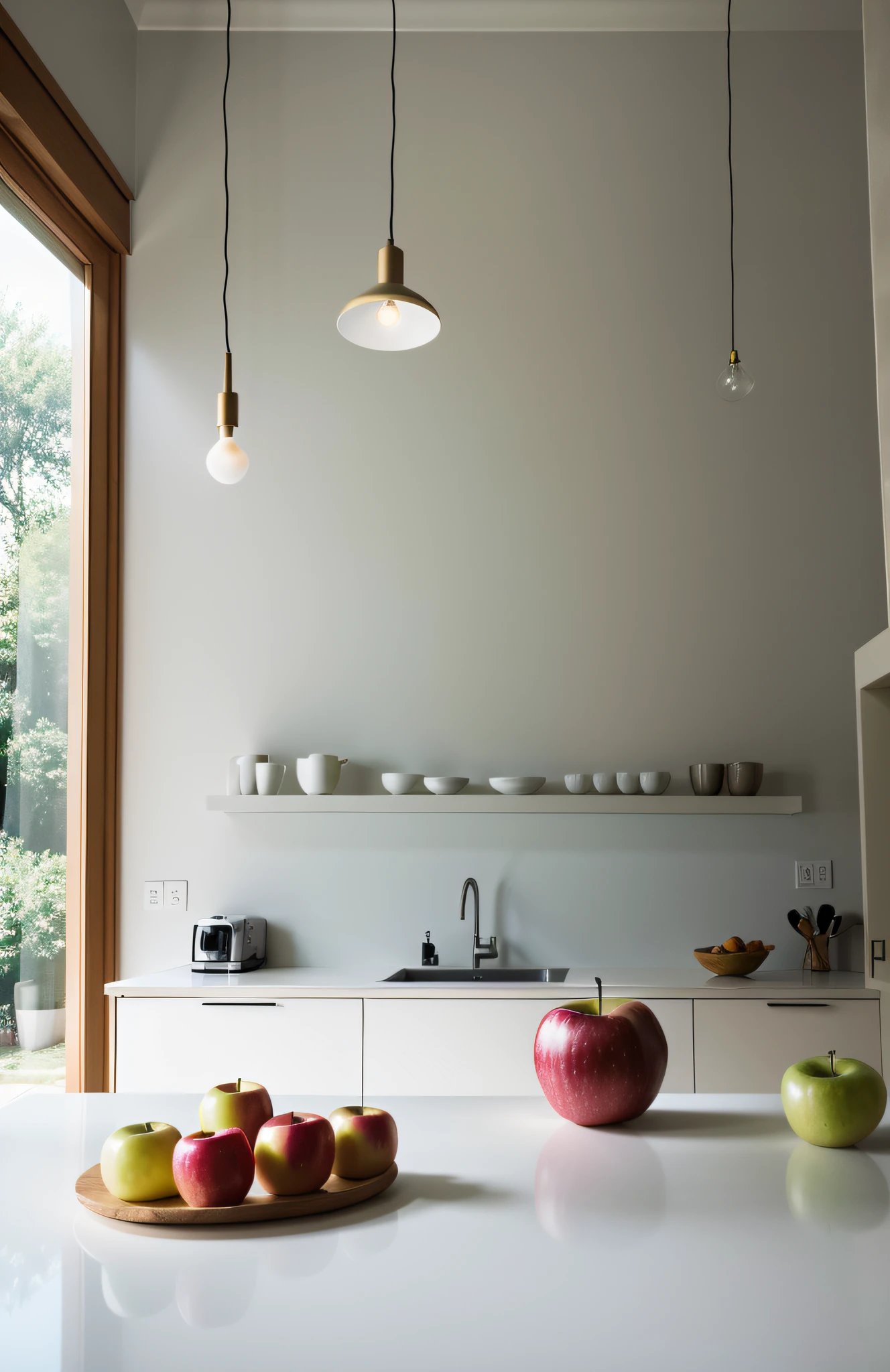 "In a pristine and minimalist kitchen setting, witness the timeless beauty of an apple as it takes center stage in this stunning photograph. The clean backdrop enhances the apple's elegance, making it a symbol of simplicity and taste."