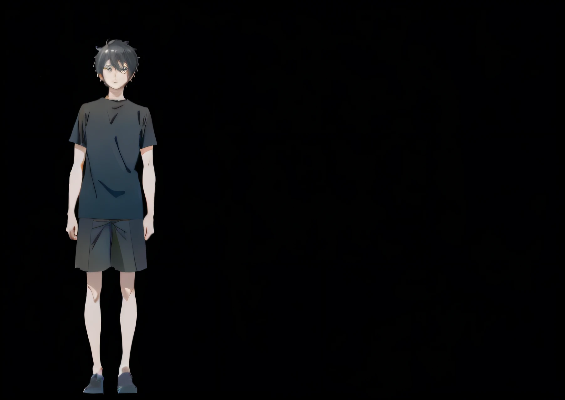 Anime characters with short hair and black standing in front of black background, Single character full body, Male characters,Refine light and shadow,Delicate facial features,extreme picture quality