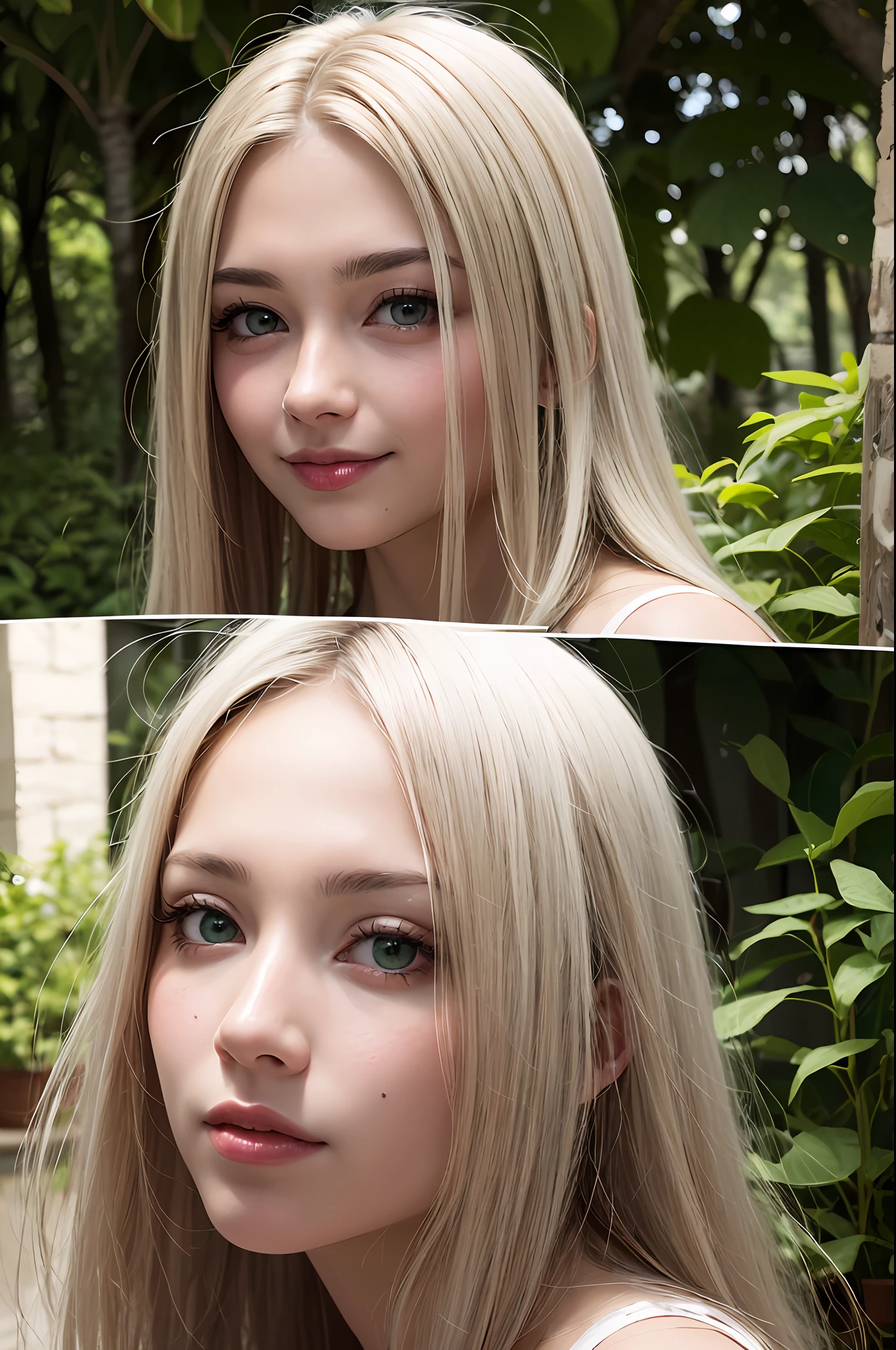 (8K), (Best Quality: 1.2), (Realistic), (Photorealistic: 1.37), Ultra Detailed, (Kissing), One Girl, Cute, Smile, Long Hair, Green Plants, Beautiful Eyes in Detail, Beautiful Nose, Full Body, Big, Darcefo, Pig's Nest, Women, White Hair