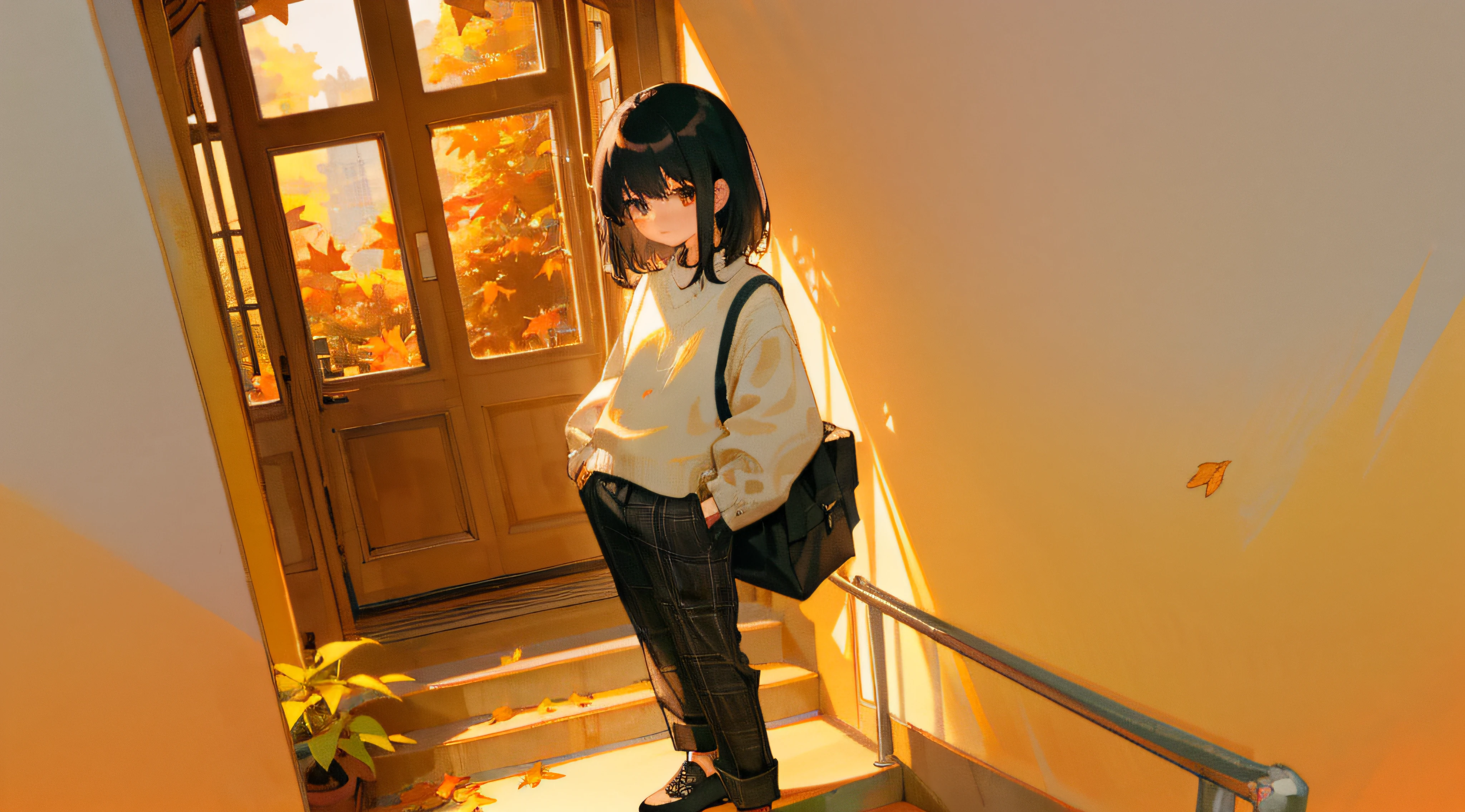 an extremely delicate and beautiful girl, 8k wallpaper, masterpiece,Cinematic Lighting, best quality,Illustration,detailed face depiction,
( strong lighting:1.5),1girl, solo, stairs, black hair, pants, white sweater, long sleeves, sweater, leaf, plaid, standing, shoes, holding, looking at viewer, black footwear, plaid pants, bangs, plant, autumn leaves, medium hair, hand in pocket, brown pants, bag, wide shot, window, door