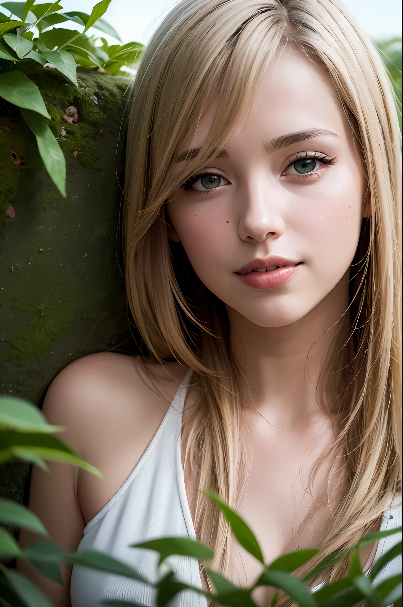 (8K), (Best Quality: 1.2), (Realistic), (Photorealistic: 1.37), Ultra Detailed, (Kissing), One Girl, Cute, Smile, Long Hair, Green Plants, Beautiful Eyes in Detail, Beautiful Nose, Full Body, Big, Darcefo, Pig's Nest, Women, White Hair