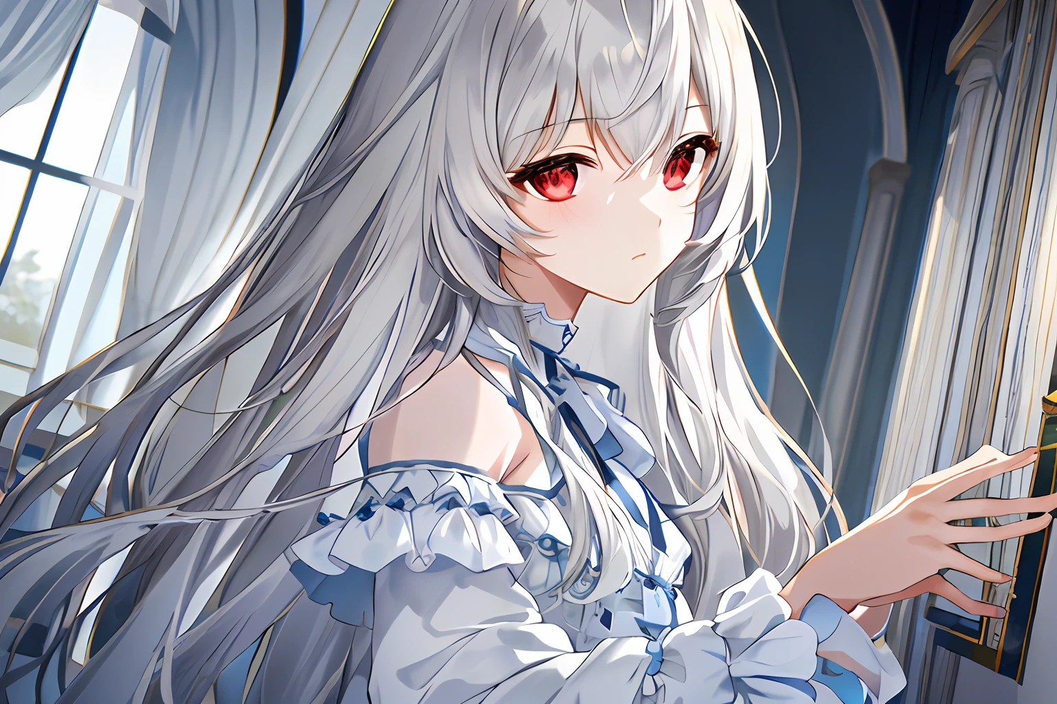 ((tmasterpiece,best qualtiy))++, detailedlight+, Detail hair+, Detail hands+ ,1girll, woman, long whitr hair, Dark red eyes, beautidful eyes, Young gray hair,,,(Beautiful white hair:1.5),(beatiful detailed eyes), A high resolution+,white pajama,white skirt,Glass tones,Reflective eyes,{{Angle}},Very detailed wallpaper,primitive,naturey,