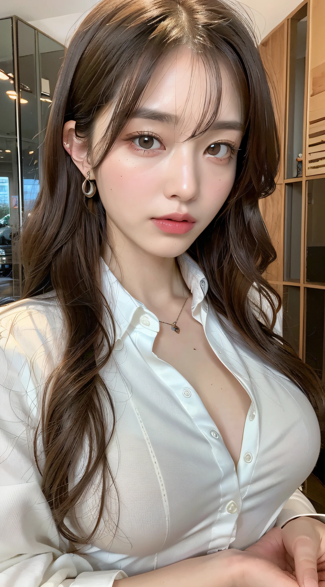 ((Best quality, 8k, Masterpiece :1.3)), Sharp focus :1.2, A pretty woman with perfect figure :1.4, Slender abs :1.2, ((Dark brown hair, Big breasts :1.2)), (White button up long shirt :1.1), City street:1.2, Highly detailed face and skin texture, Detailed eyes, Double eyelid
