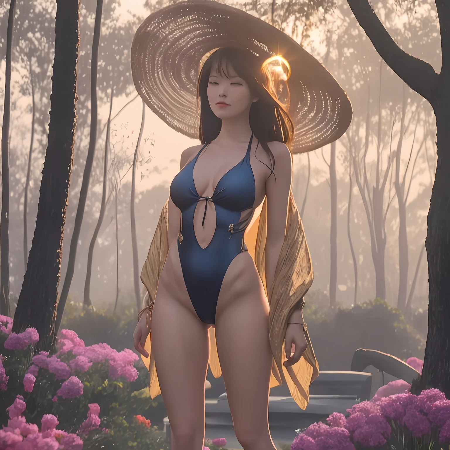 Full body bewitching portrait of standing pool side wearing swimsuit. A capt subtitle captures the essence of this enchanting, magical image: a beautiful, enchanting woman with a captivating and bewitching, glowing face and a flawless, perfectly-shaped body. She stands gracefully on a rooftop, surrounded by a sea of otherworldly flowers, and the sun casts warm, golden light on the scene. In the background, a mesmerizing forest unfolds, bathed in the warm, golden light of a magical tree branch. telephoto lens, golden hour lighting, low aperture