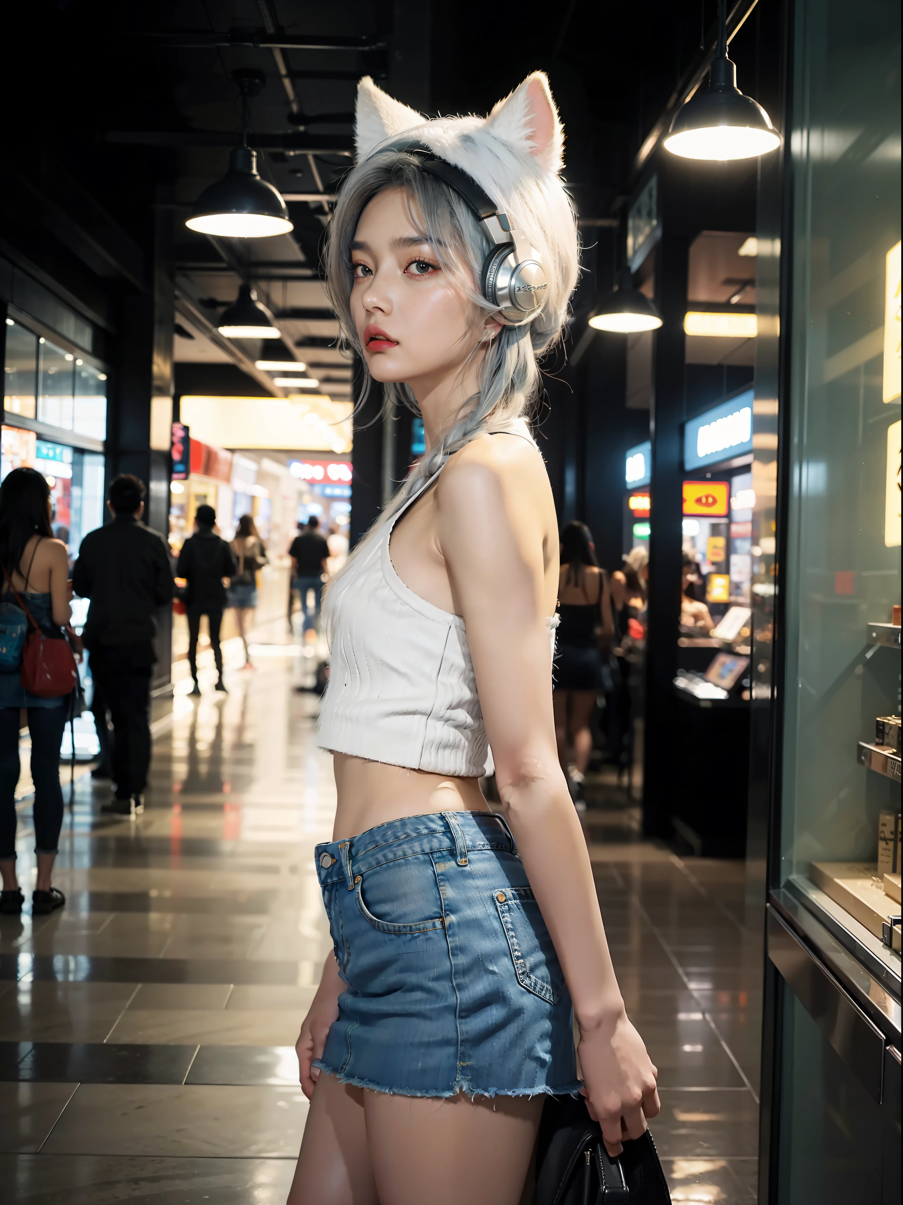 1 girl, full body, bare shoulders, Denim skirt, Mall, early evening, behind-the-head headphones, animal hood, hair strand, silver hair, Surrealism, cinematic lighting, optical illusion, cowboy shot, from side, Ultra-Wide Angle, UHD, masterpiece, anatomically correct, textured skin, high details, high quality, best quality, 8k