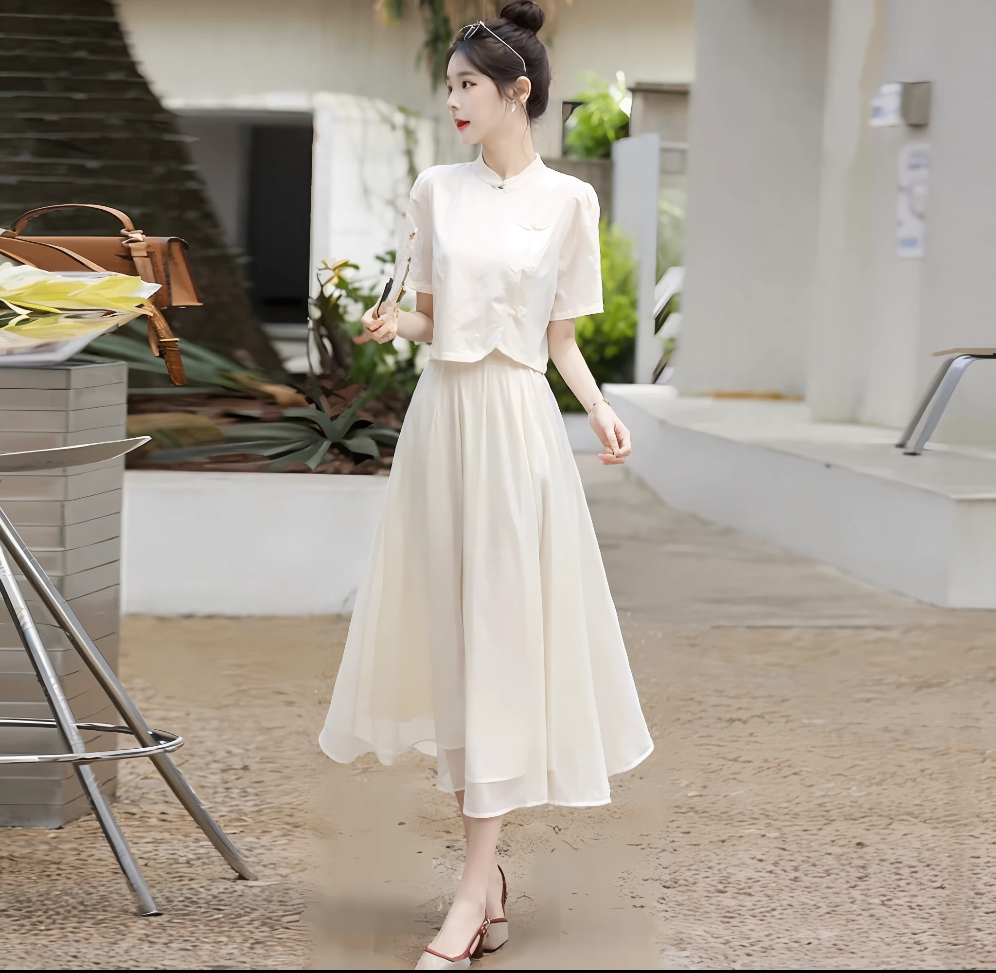 A woman in a white dress and white jacket is walking, White Hanfu, wearing ivory colour dress, Wearing a white flowing dress, elegant white dress, Elegant dress, Women's long skirt, soft silk dress, Chinese dress, Traditional Chinese clothing, flowing white dress, Cheongsam, wearing elegant outfits, simple cream dress, elegant clothes