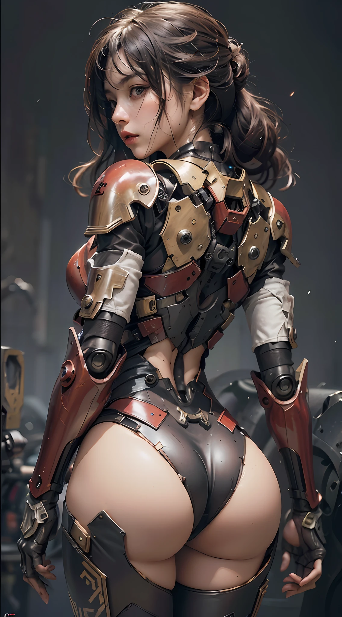 (Masterpiece), (Best quality), Photorealism, Realistic, Ultra detailed, Perfect face, Perfect body, 1girll, Beautiful girl, Girl in red armor, Mechanical armor, exoskeleton, Stand, Cool pose, Sexy, Watching from behind
