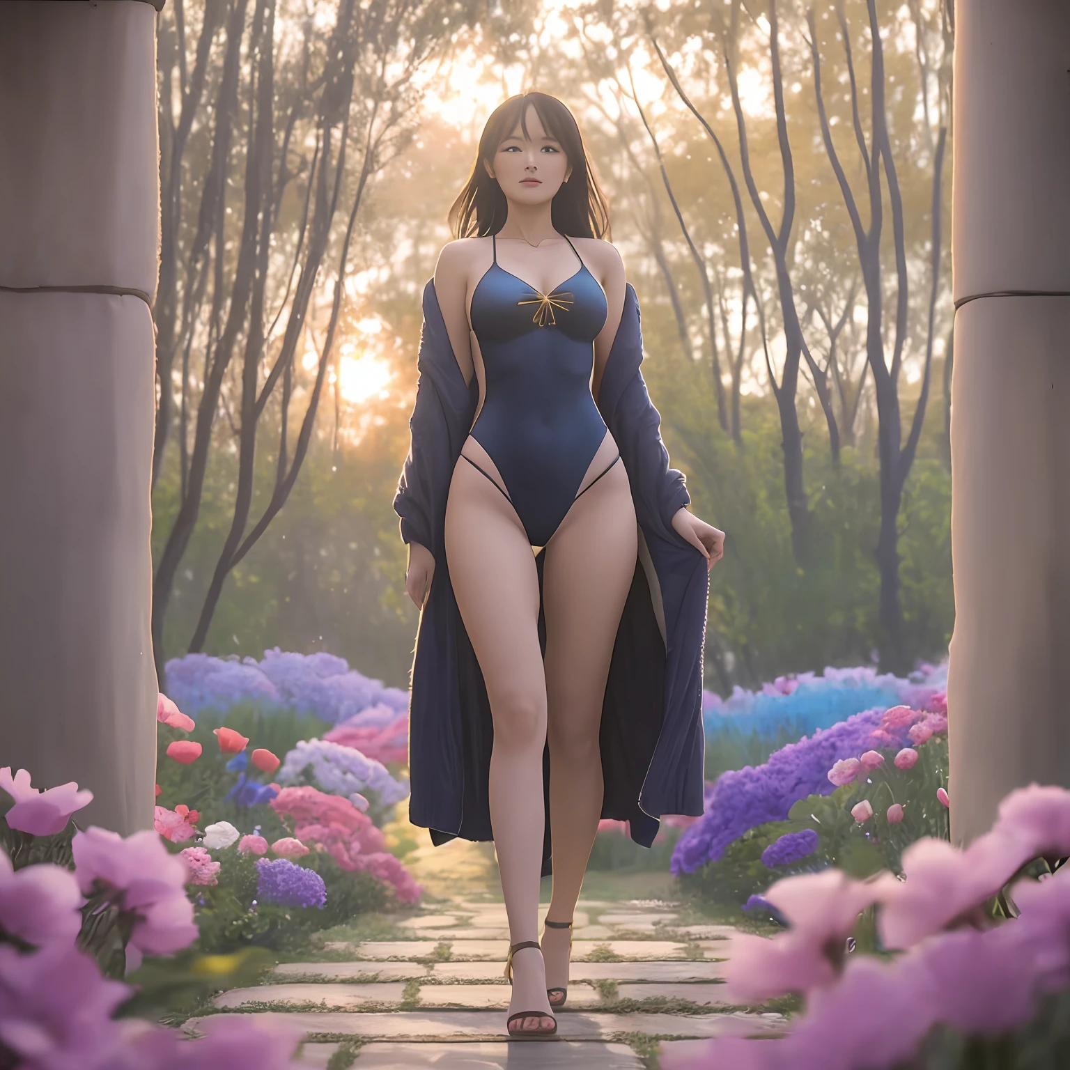 Full body bewitching portrait of standing pool side wearing swimsuit. A capt subtitle captures the essence of this enchanting, magical image: a beautiful, enchanting woman with a captivating and bewitching, glowing face and a flawless, perfectly-shaped body. She stands gracefully on a rooftop, surrounded by a sea of otherworldly flowers, and the sun casts warm, golden light on the scene. In the background, a mesmerizing forest unfolds, bathed in the warm, golden light of a magical tree branch. telephoto lens, golden hour lighting, low aperture