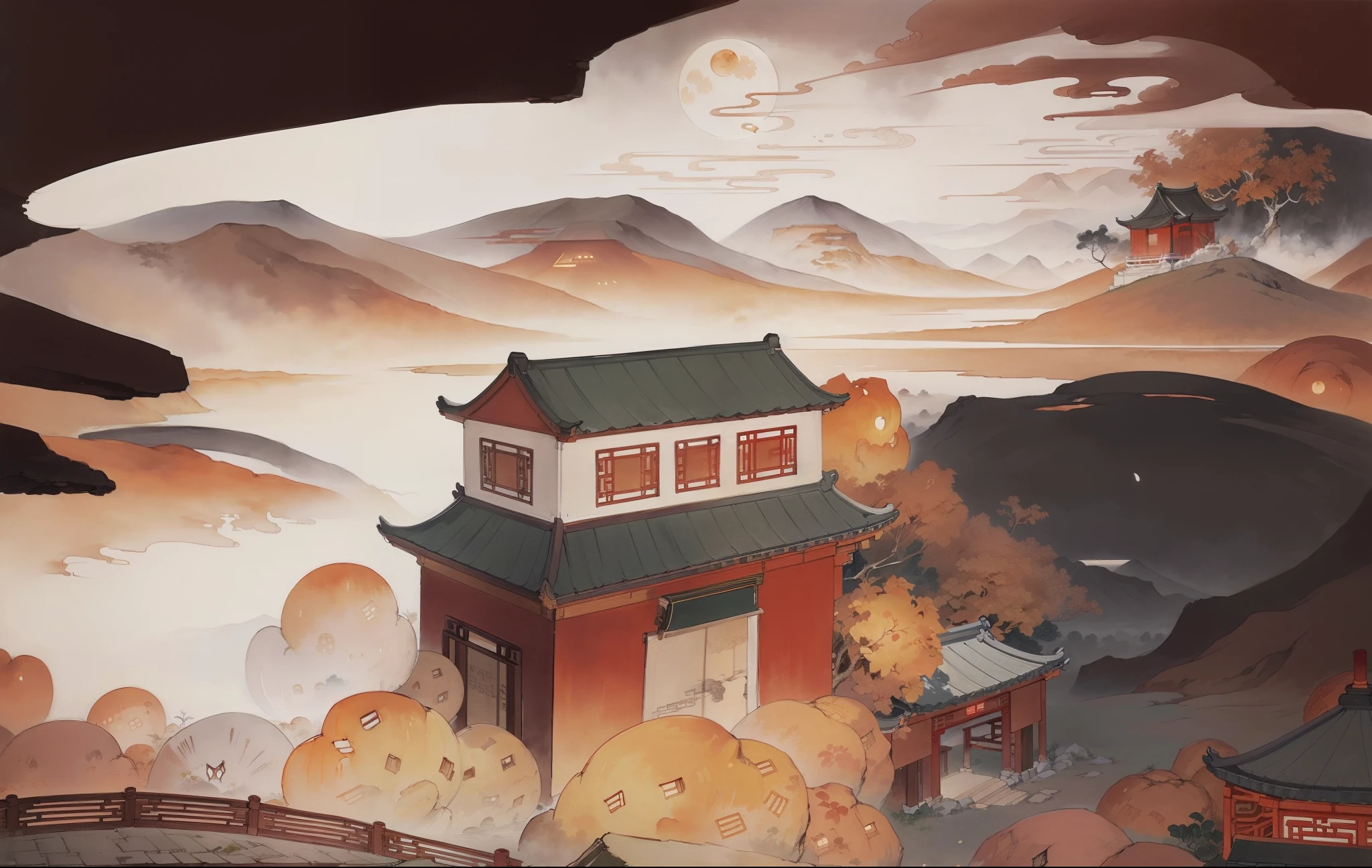 Ancient Chinese landscapes,Ancient buildings,Pavilions,Carved beams and paintings,enchanting scenery,Night,Moon light,Layered, Rich light and shadow,Mid-Autumn Festival, Ink painting style,clean color,Low-saturation colors,Colors of low brightness,Decisive cut,Leave white space,impressionistic,tmasterpiece,ultra - detailed,Epic composition, HighestQuali,hyper realisitc,Art germ --v 6