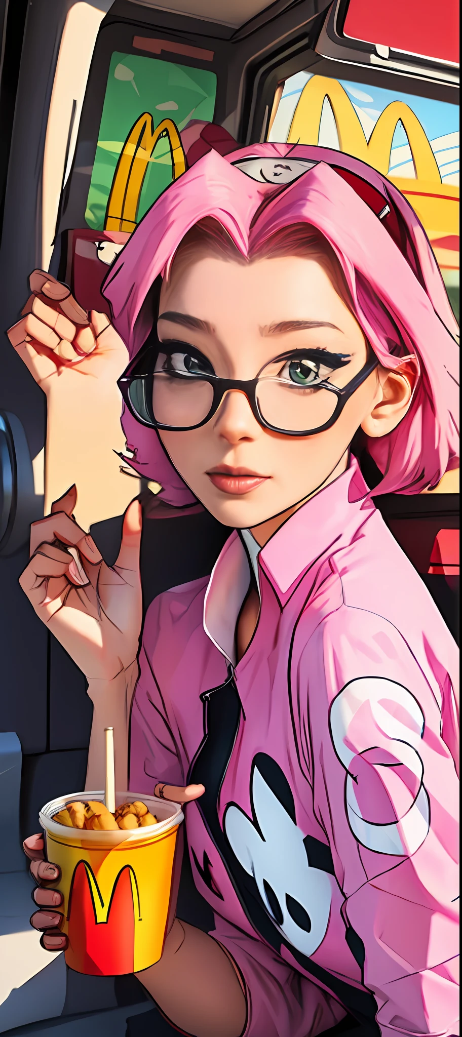 A beautiful girl,Wearing glasses,Pink shirt,Hands on the side of the face,McDonald's style ,Anime cartoon Disney cute style --auto