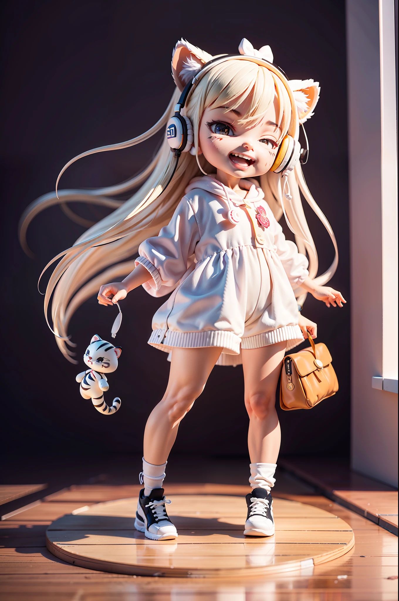 (Daisaku),(Need),(Super meticulous),(full bodyesbian:1.2),(soio),white theme,White Tiger Loli Magician,Girly face,adolable,Open-mouthed,grin,Earphone,Tiger stripe,Popmart blind box,Clay texture,Stepping on a round wooden floor,Black and white background,natural lightting,Best quality at best,hyper-detailing,arte 3D,c4d, OC renderer, a 3D render, 8k