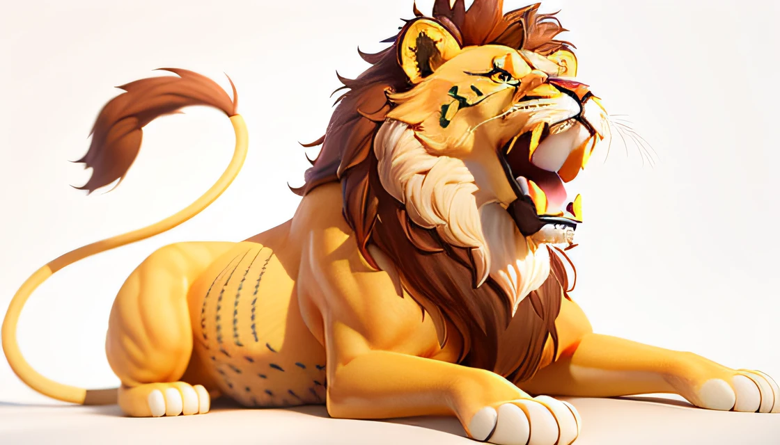 This is a lion with an open mouth and a roar,Extremely cute,Detailed rendering with 3D rendering techniques,Stylized representation of digital art。Render cute 3D anime lions, SpongeBob style,are rendered in stylized 3D renderings。with black background