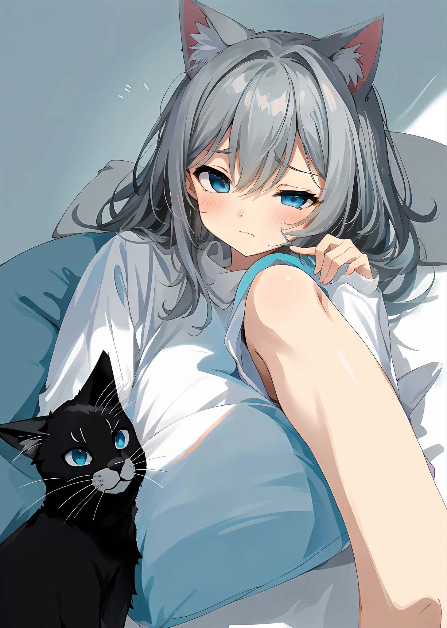 high qulity，Soft light and shadow，Gray hair blue eyes anime girl on pillow，Cute anime cat-eared girl，Confused, rubbing eyes sleepy。