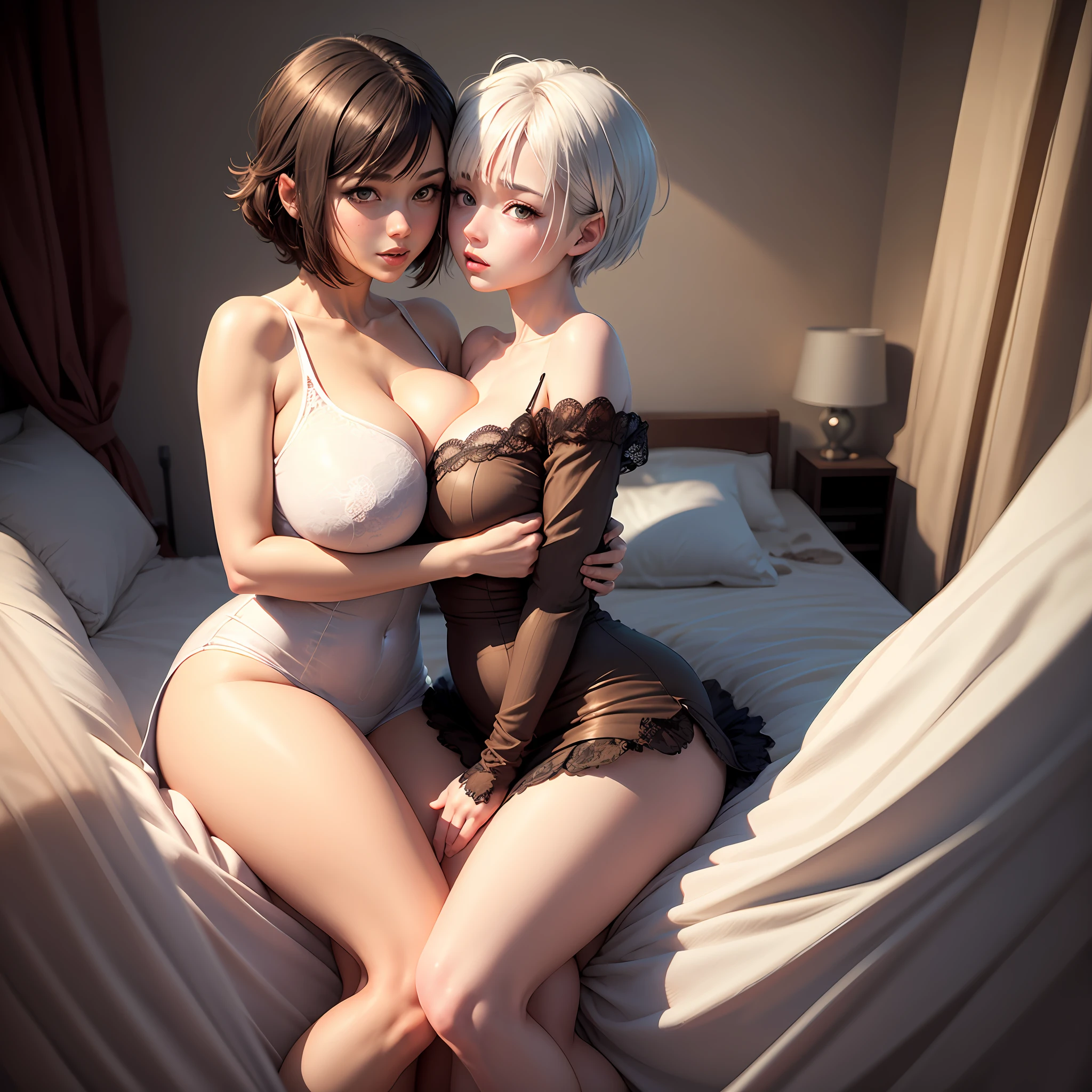 High resolution, Highest Quality, ultra-quality, Super Detail, A hyper-realistic, Photorealistic, Anime, Manga, Illustration, Two beautiful cute girls hugging and kissing, white short hair, Mysterious, Enchanting, Huge breasts, under the boobs, great proportion, perfectly proportions, slender, Full body, Bedroom