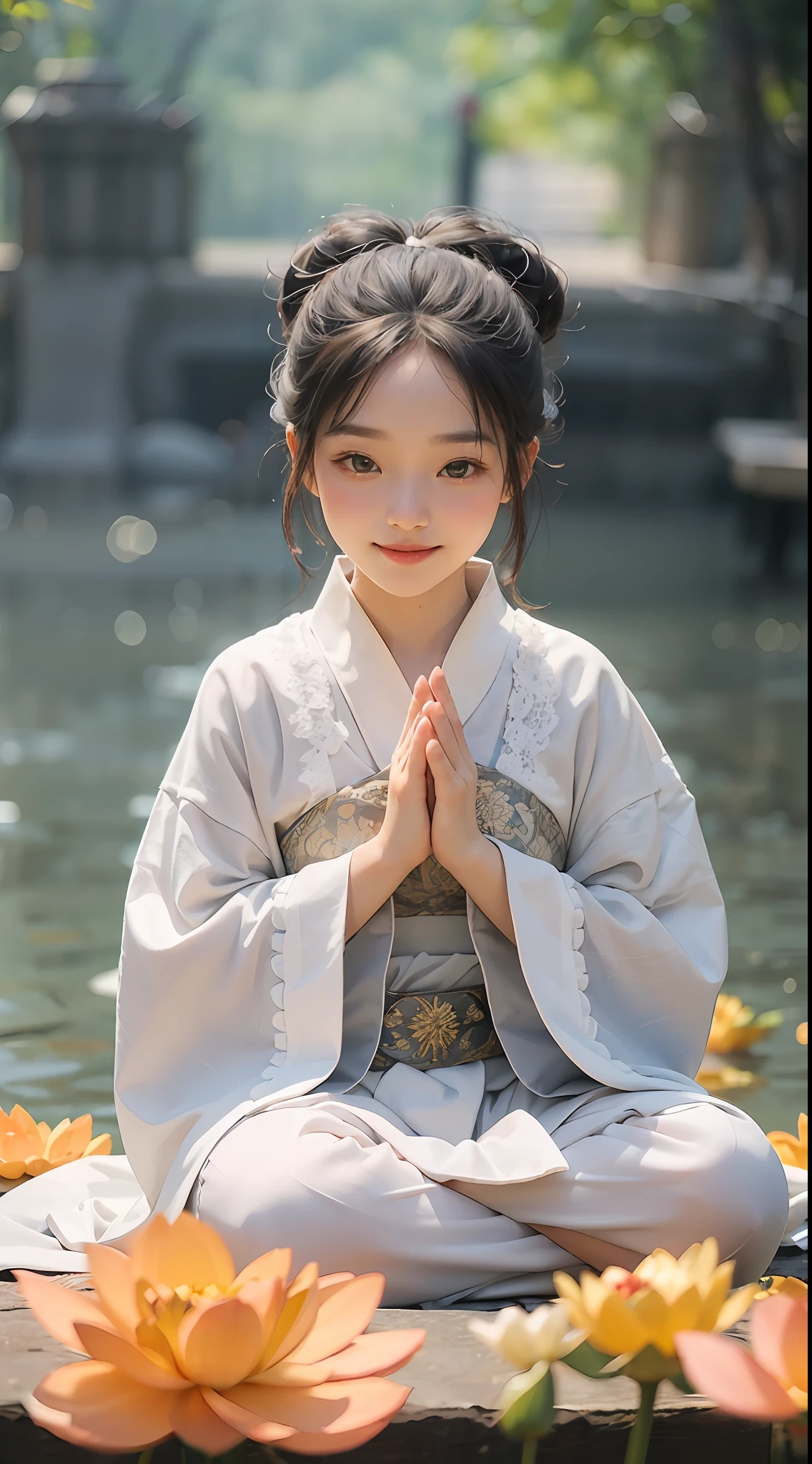 Arafed asian woman in a white kimono sitting on a dock - SeaArt AI
