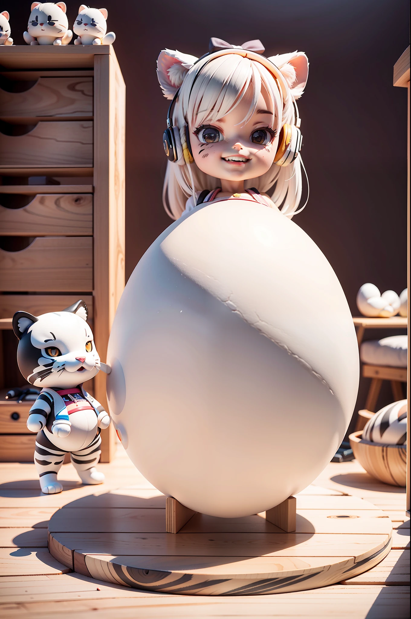 (Daisaku),(Need),(Super meticulous),(full bodyesbian:1.2),(soio),white theme,White Tiger Loli Magician,Girly face，adolable,Open-mouthed,grin,Earphone,Tiger stripe,gravid，Pregnant belly，Popmart blind box,Clay texture,Stepping on a round wooden floor,Black and white background,natural  lightting,Best quality at best,hyper-detailing,arte 3D,c4d, OC renderer, a 3D render, 8k