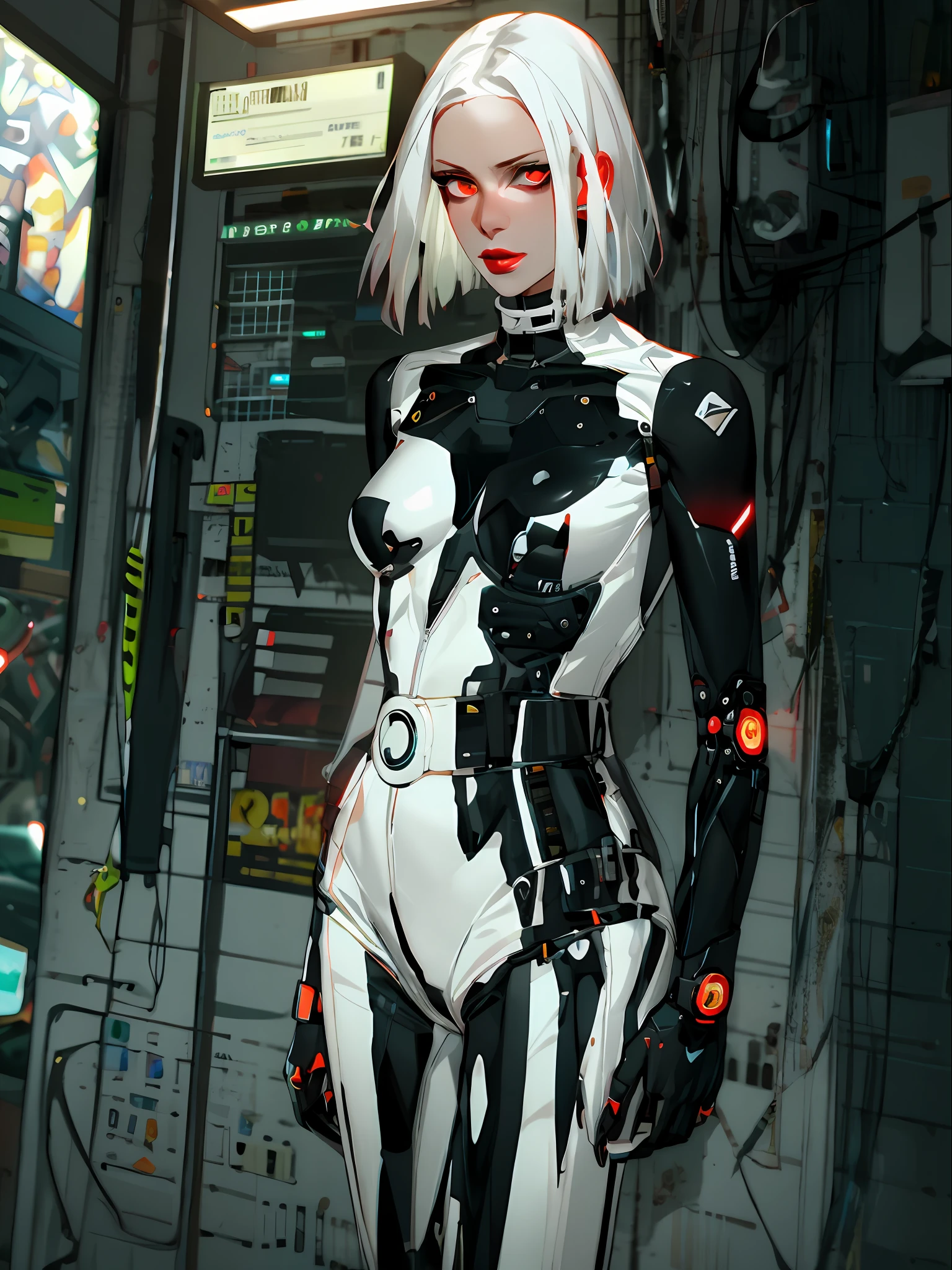 cowboy shot of futuristic detective lady, cybernetic jaw, short white hair, glowing eyes, red lips, white shirt, unbuttoned, black pants, vest, holster, mechanical parts, prosthetic arm,