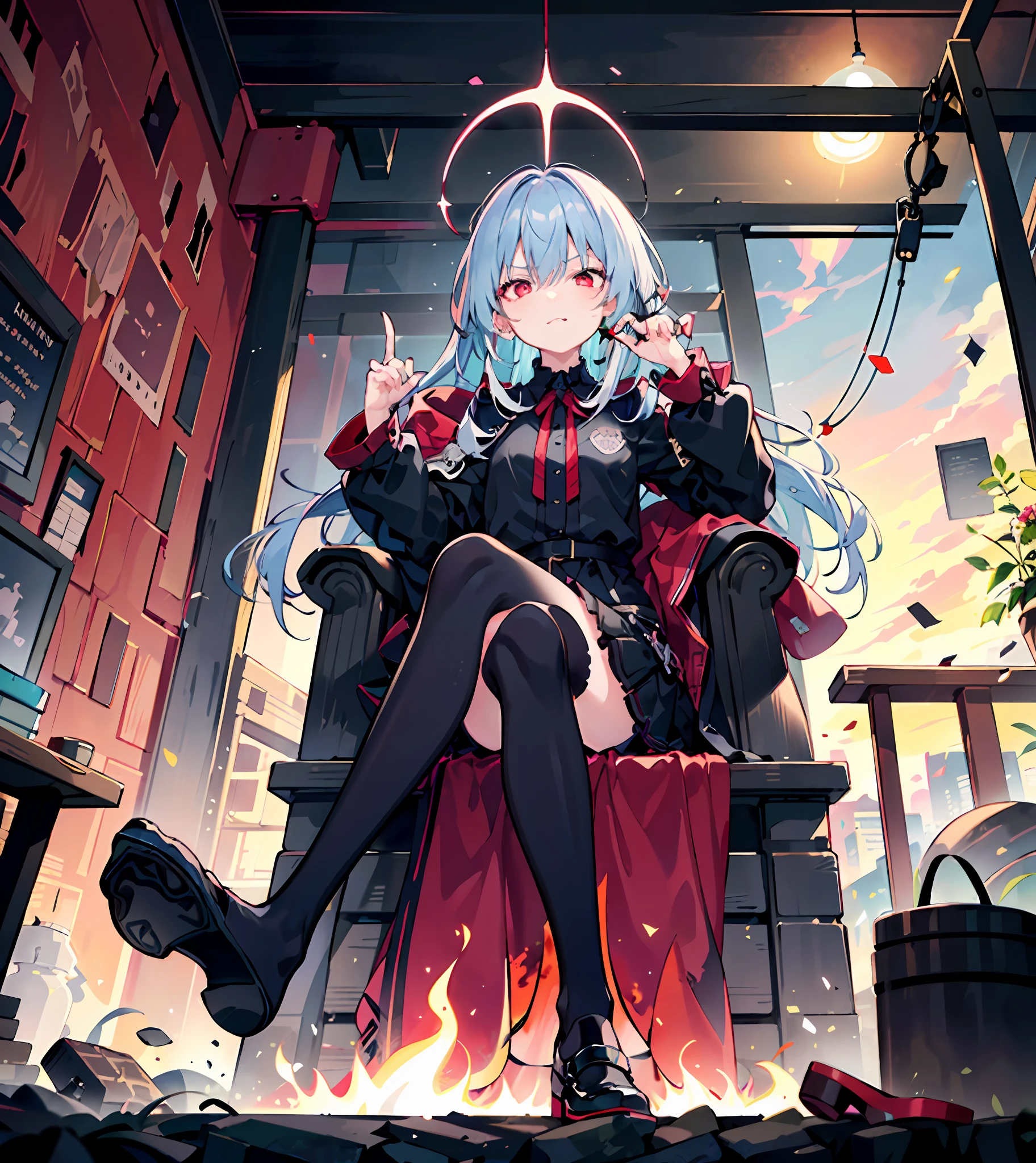 Best quality at best，1girll，Solo，Light blue hair，Red eyes，Dark environment，disdain，Sitting position，Look up at the perspective，Sick，Darkness，Blackened，Blackened，Blackened，frontage，Tired expression，Shoe soles，morbid，Sneer，miss，haughty，There is love in the eyes，Shoe soles