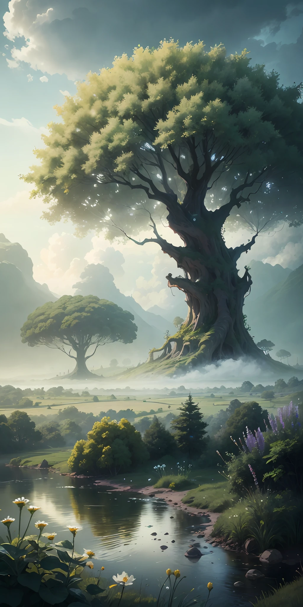 Masterpiece, 8K,Best quality, Studio lighting,White wildflowers,Cloudy, dense fog,The world tree looming in the distance and the town under the tree,jungles,Small rivers, lighting