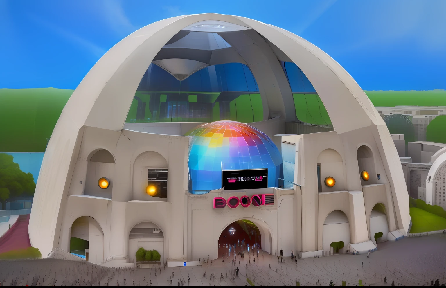 Image of a futuristic building, boate, foto detalhada do mundo virtual, skyDome legal, Dome of Wonders, hexadomo, Sala Virtual do Metaverso, boate, Discoteca do Oculto, futuristic dome, dance club rave, Dome, Clube Noturno Sci-Fi, dance hall background