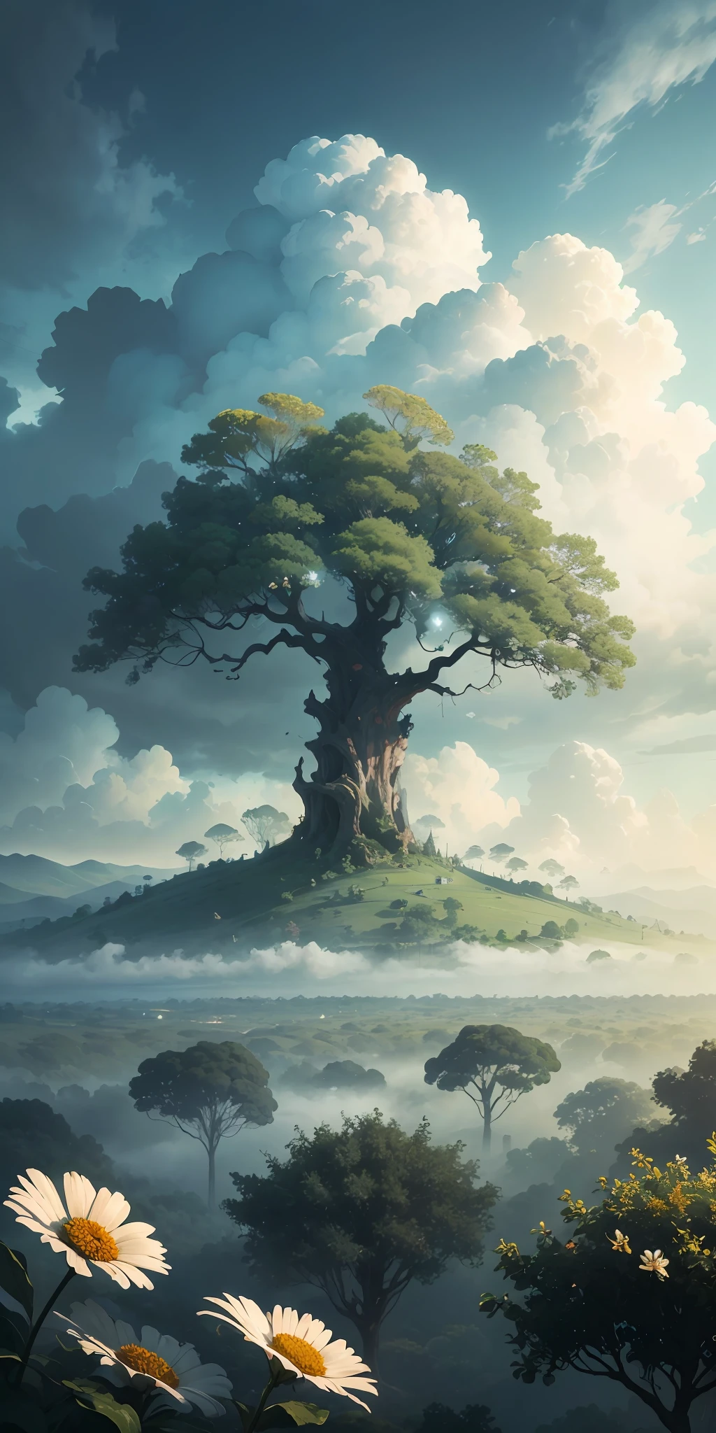 Masterpiece, 8K，Best quality, Studio lighting,White wildflowers，Cloudy, dense fog，The world tree looming in the distance and the town under the tree，jungles，Small rivers, lighting