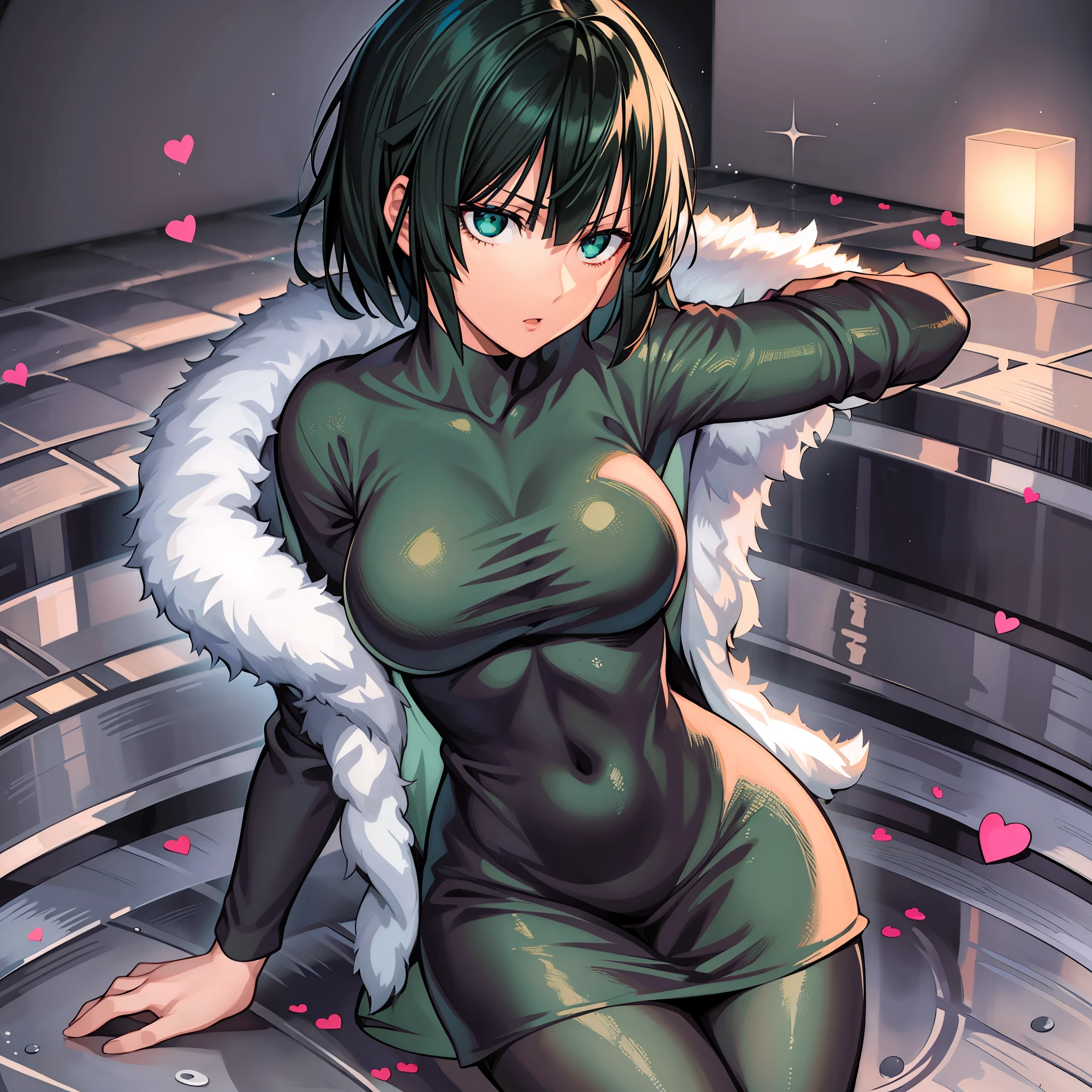 fubuki, 1girl, solo, vestido corto, abrigo de piel, ojos verdes, mirando al espectador, inclinado hacia adelante, arms and hands behind the back, espacio para el muslo, fondo simple, heart