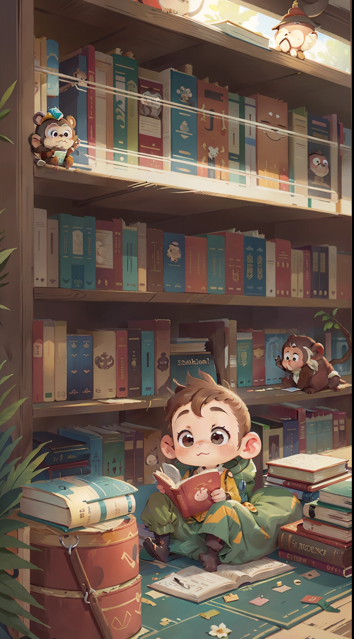 A cute little monkey,Read a book in the library