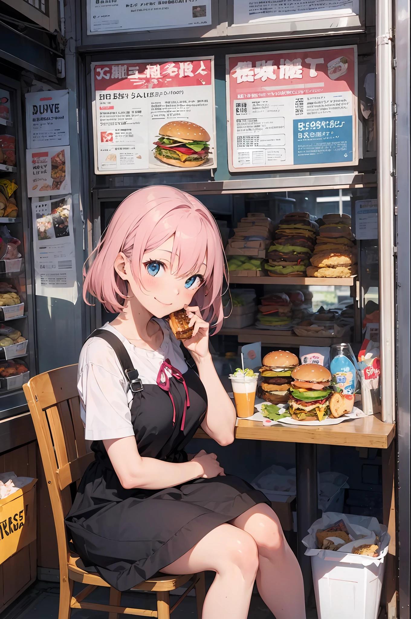 Young Woman, Light pink hair, Blue eyes, Cute colorful dress with laces,Burger Shop Style, resturant,fast food, Comic Art Style,Sip a takeaway drink、A smile、Look