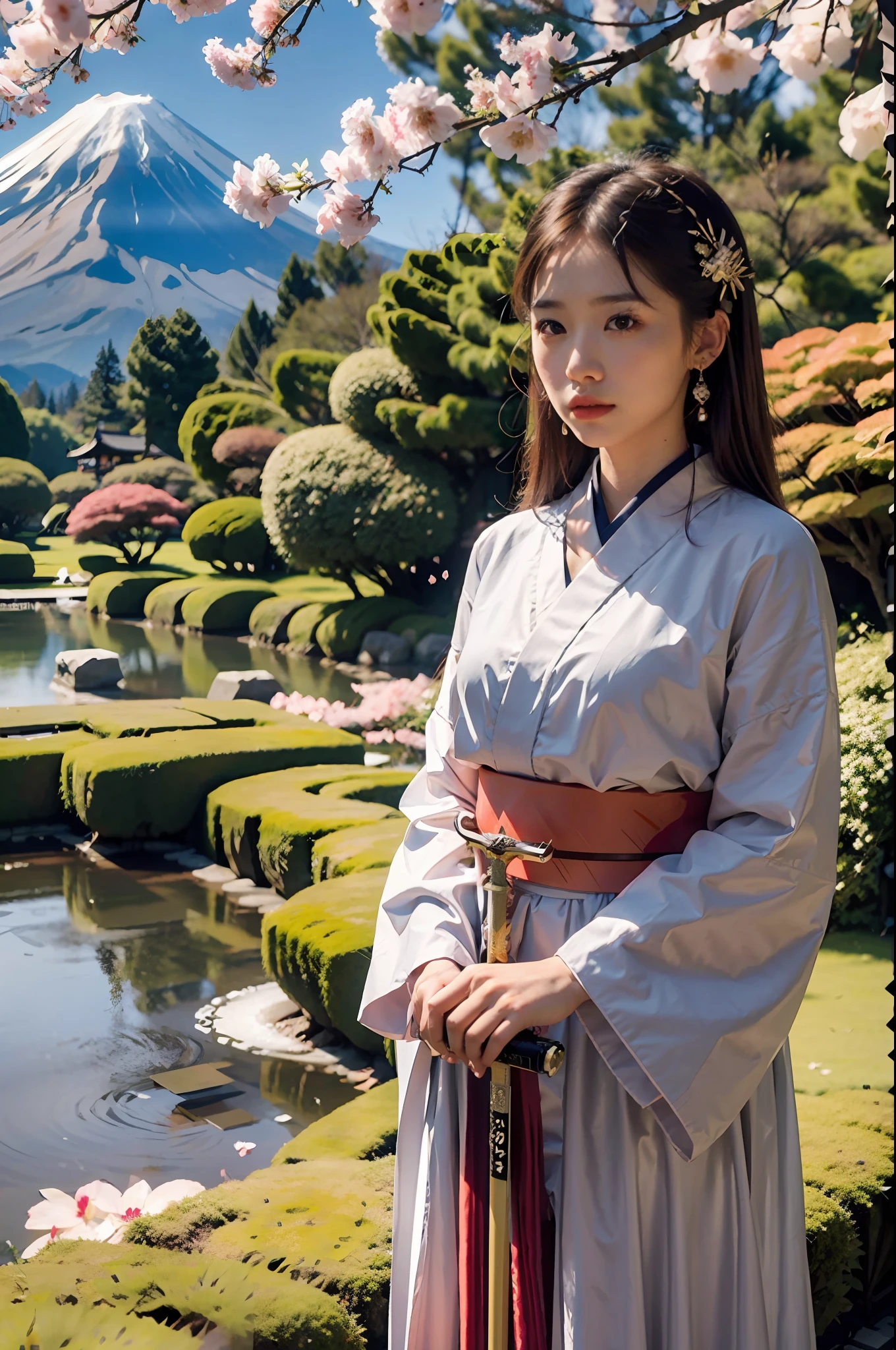 8k, ultrarealistic, japanese princess, japanese castle, japanese gardens, empress, standing next to samurai guards, brown hair, flowers, cherry blossom, mount fuji, beautiful woman, 8k, princess, elegant gown, flowy gown, wind, sword