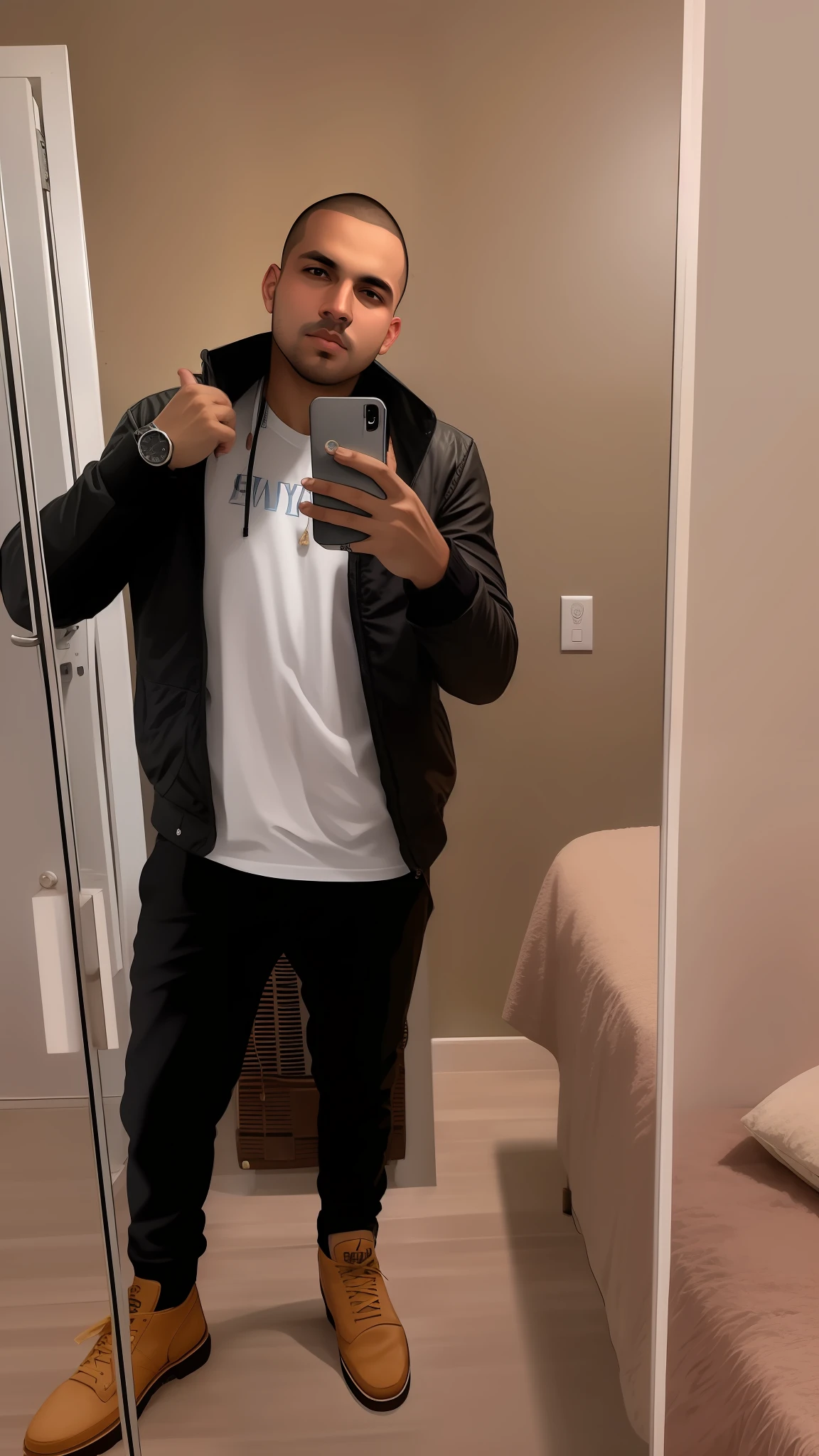 Araffe homem tirando uma selfie em um espelho em um quarto, imagem de corpo inteiro, vestindo um pescador 🧥, Vestido casualmente, 2 2 anos, 2 3 anos, 21 anos, vestido casualmente, 18 anos, imagem de qualidade muito baixa, imagem de perfil, 🔥 😎 🕹️ 👀 :2, foto da roupa, Condutor de Ene
