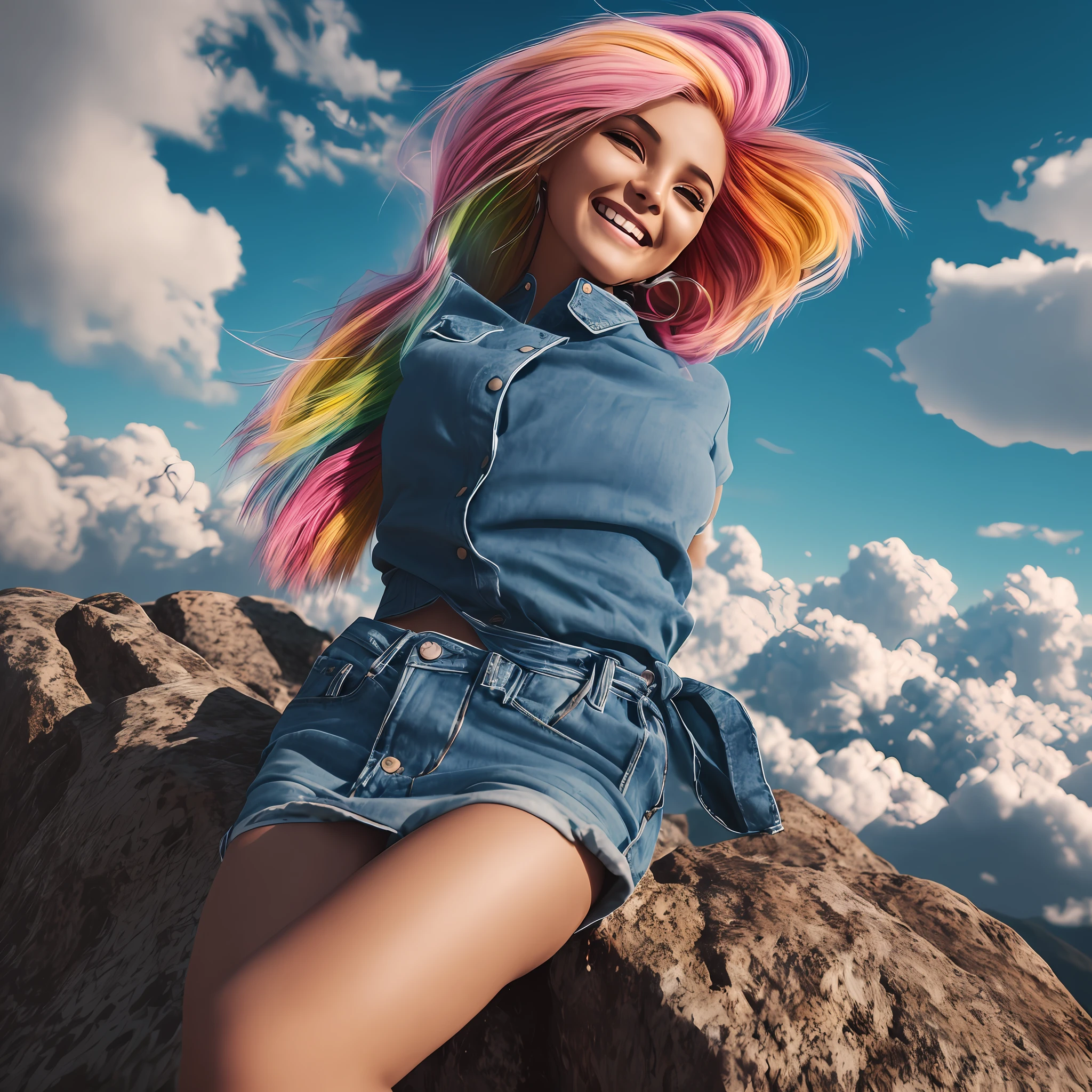 Girl Standing On Top Of A Mountain, Sea of clouds in the background, multicolored hair, Hair Bow, Eyes wide open, lightsmile, Realism, Cinematic lighting, Ray tracing, optical illusion, denim lens, Lens Flare, 35 mm, F/1.2, Sony FE GM, Ultra HD, retinas, masutepiece, Best Quality --auto --s2