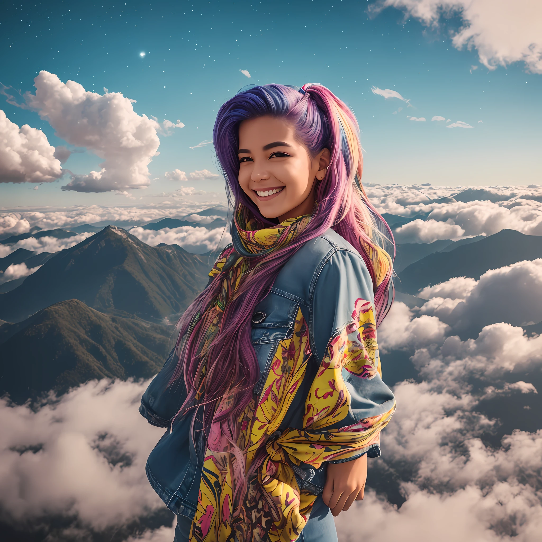 Girl Standing On Top Of A Mountain, Sea of clouds in the background, multicolored hair, Hair Bow, Eyes wide open, lightsmile, Realism, Cinematic lighting, Ray tracing, optical illusion, denim lens, Lens Flare, 35 mm, F/1.2, Sony FE GM, Ultra HD, retinas, masutepiece, Best Quality --auto --s2