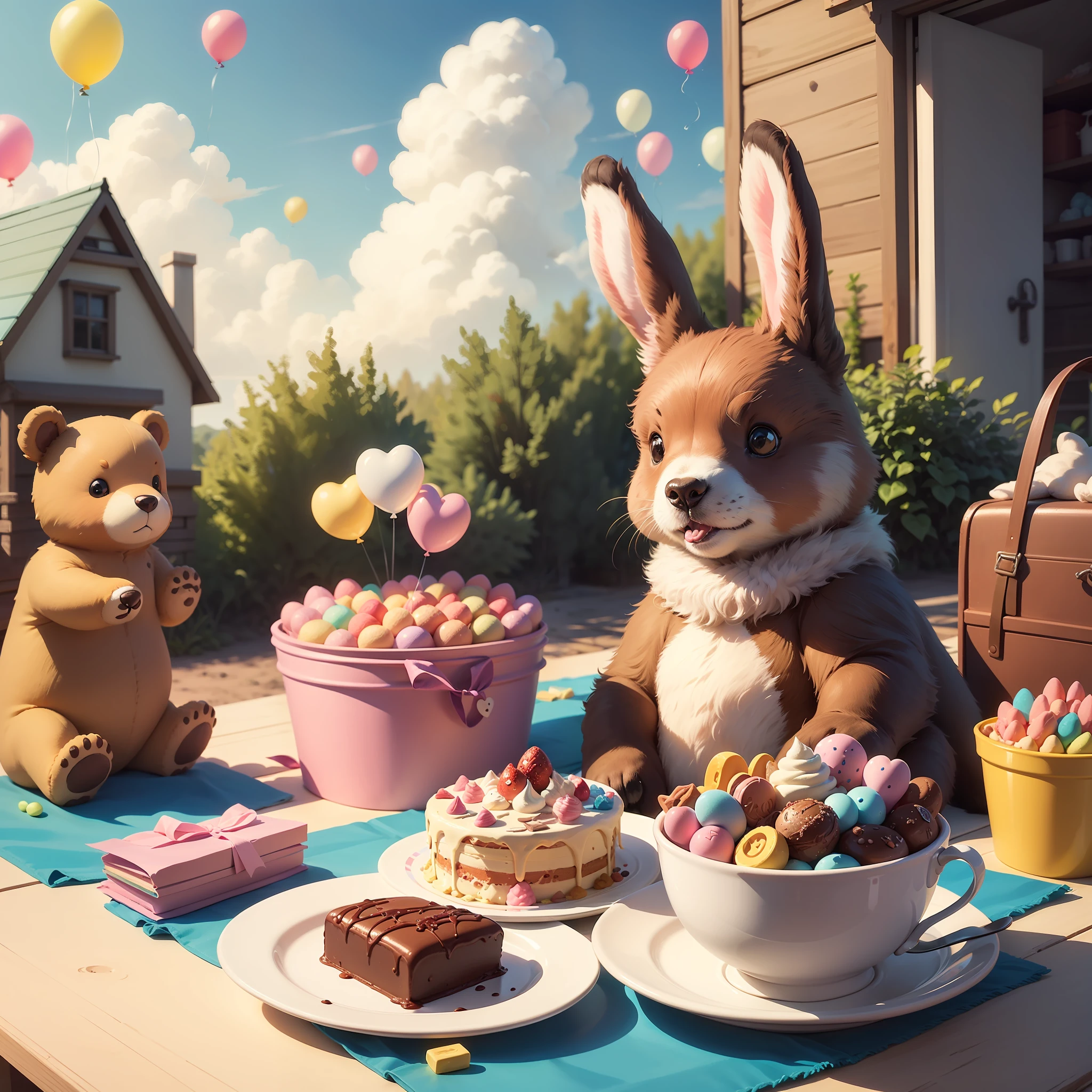 Picture book scene in cartoon style：The pink house is decorated with various sweets and chocolates，Cartoon picnic tables and birthday cakes are set on the table。Colorful cartoon clouds and balloons float in the sky，There are cute cartoon bears and bunny in the scene。
